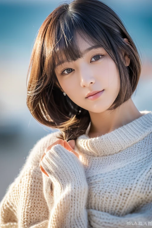 ((highest quality, 8K, masterpiece: 1.3)), woman (full body portrait, front, Wearing a long sweater), seabird, Catch Pose, overhead camera, sharp focus: 1.2, cute woman: 1.4, (((hairstyle random)), highly detailed face、skin、hair texture, detailed eye, double eyelid, 白いskin, beautiful and delicate nose, かわいい若い日本のwoman, 28 years old, at a dynamic angle, eyeに心地よく、Thought-provoking composition, Emphasize the subject's hair, eye, words and actions, While creating a melancholy feeling characterized by calm tones and contrast between light and shadow.,