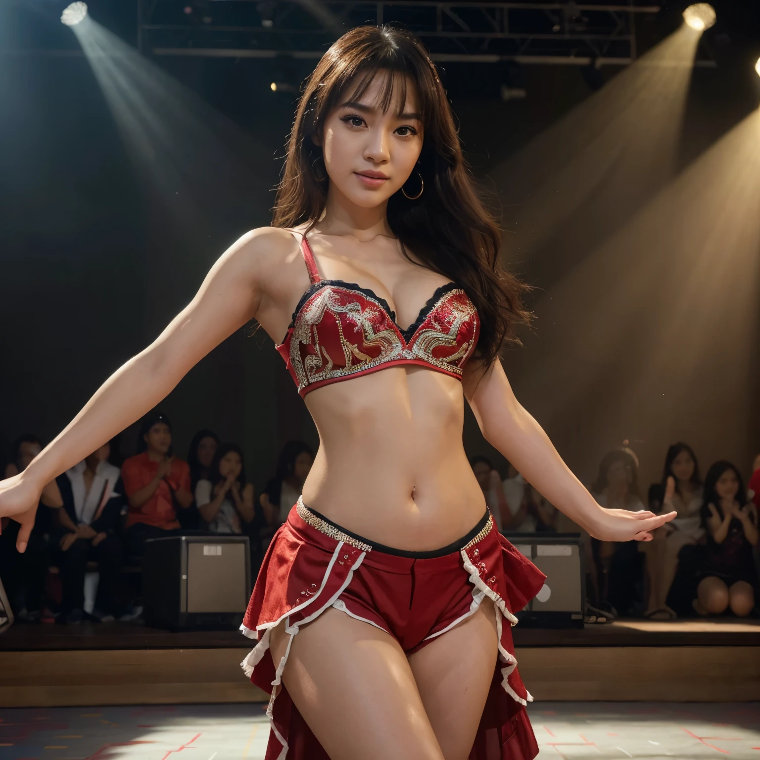 AI-generated artwork of JKT48, the first sister group of AKB48. (best quality,4k,8k,highres,masterpiece:1.2),ultra-detailed,(realistic,photorealistic,photo-realistic:1.37), vibrant colors, studio lighting, vivid expressions, dynamic poses, intricate costumes, stage performance, energetic atmosphere, fans cheering, mesmerizing dance moves, beautiful smiles, glamorous makeup, long flowing hair, lively background, professional composition, sharp focus, impeccable attention to detail, perfect harmony between the members, lively and engaging stage presence.