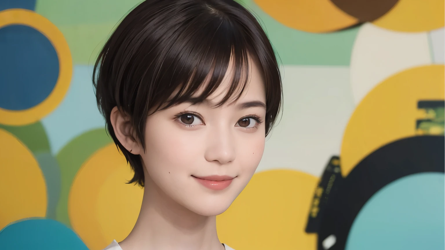 (snapdd00-Fp16), 1-9-5, woman, gentle smile, short hair, The background is an avant-garde abstract painting....
