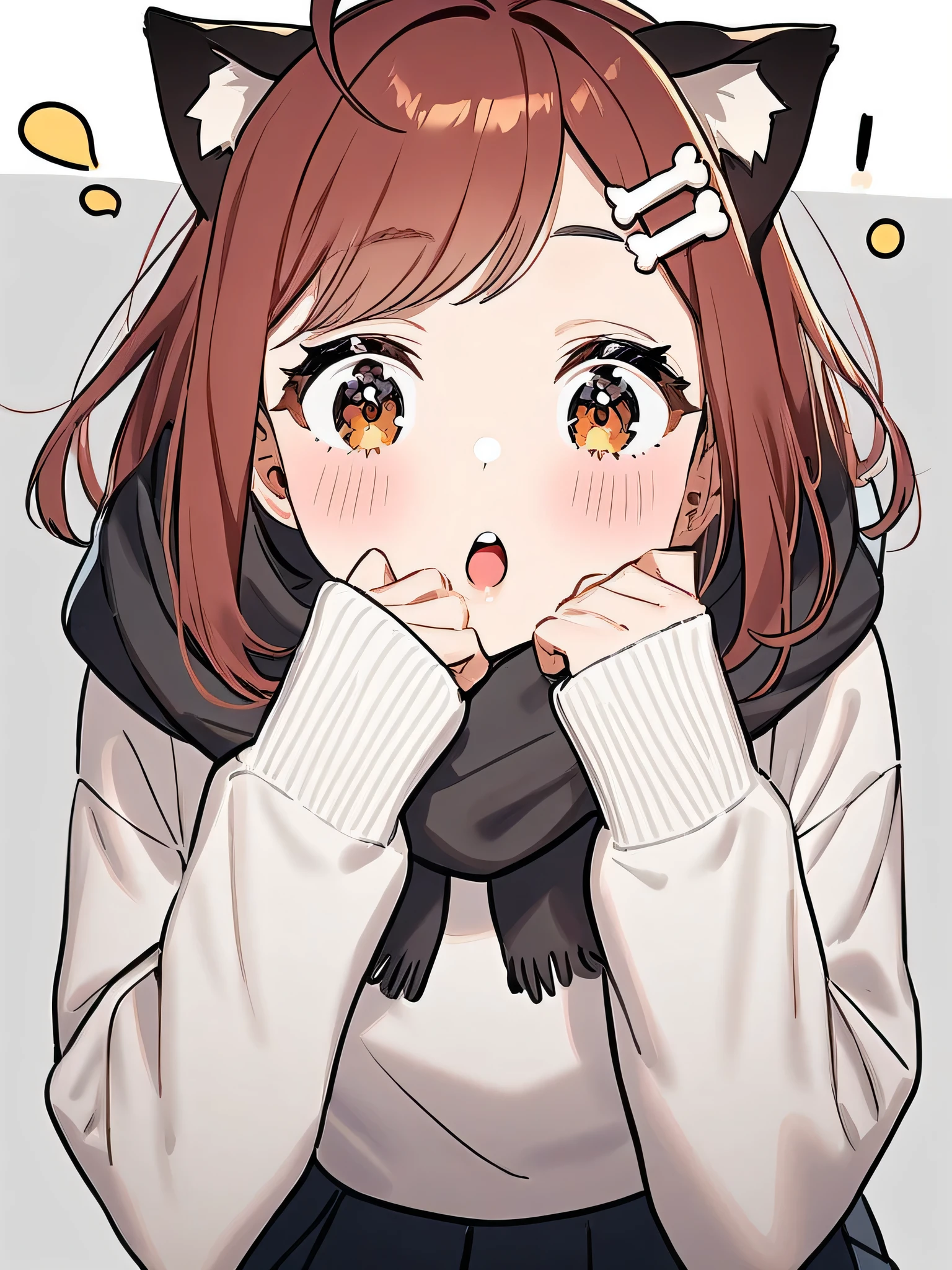 1girl, solo, animal ears, skirt, hair ornament, scarf, !, sleeves past wrists, cat ears, long sleeves, ahoge, bangs, pleated skirt, hairclip, animal ear fluff, looking at viewer, black skirt, eyebrows visible through hair, bow, black scarf, two-tone background, open mouth, grey background, teeth, brown hair, sweater, brown eyes, hands up, :o, white sweater, pink hair, white background, upper teeth, blush, bone hair ornament, paw print, parted lips, white bow, grey scarf, short hair, masterpiece,best quality,