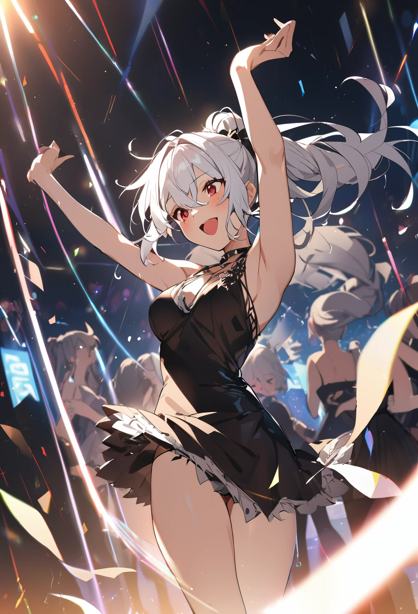1girl, White hair, ponytail hairstyle, enjoying the music, sexy, minidress, dancing, happy, red eyes, hands up, on the club, disheveled,