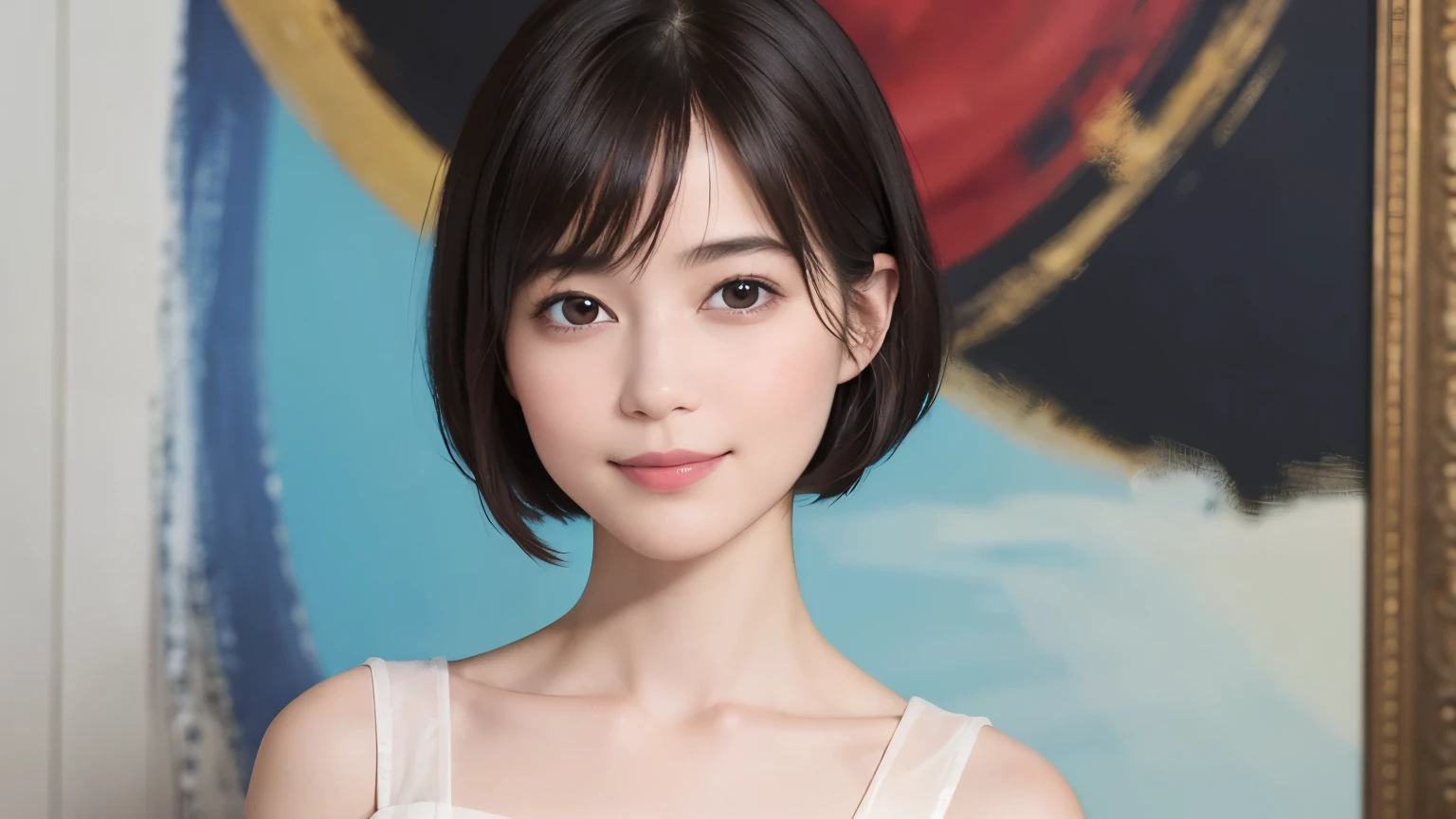 (snapdd00-Fp16), 1-9-5, woman, gentle smile, short hair, The background is an avant-garde abstract painting....