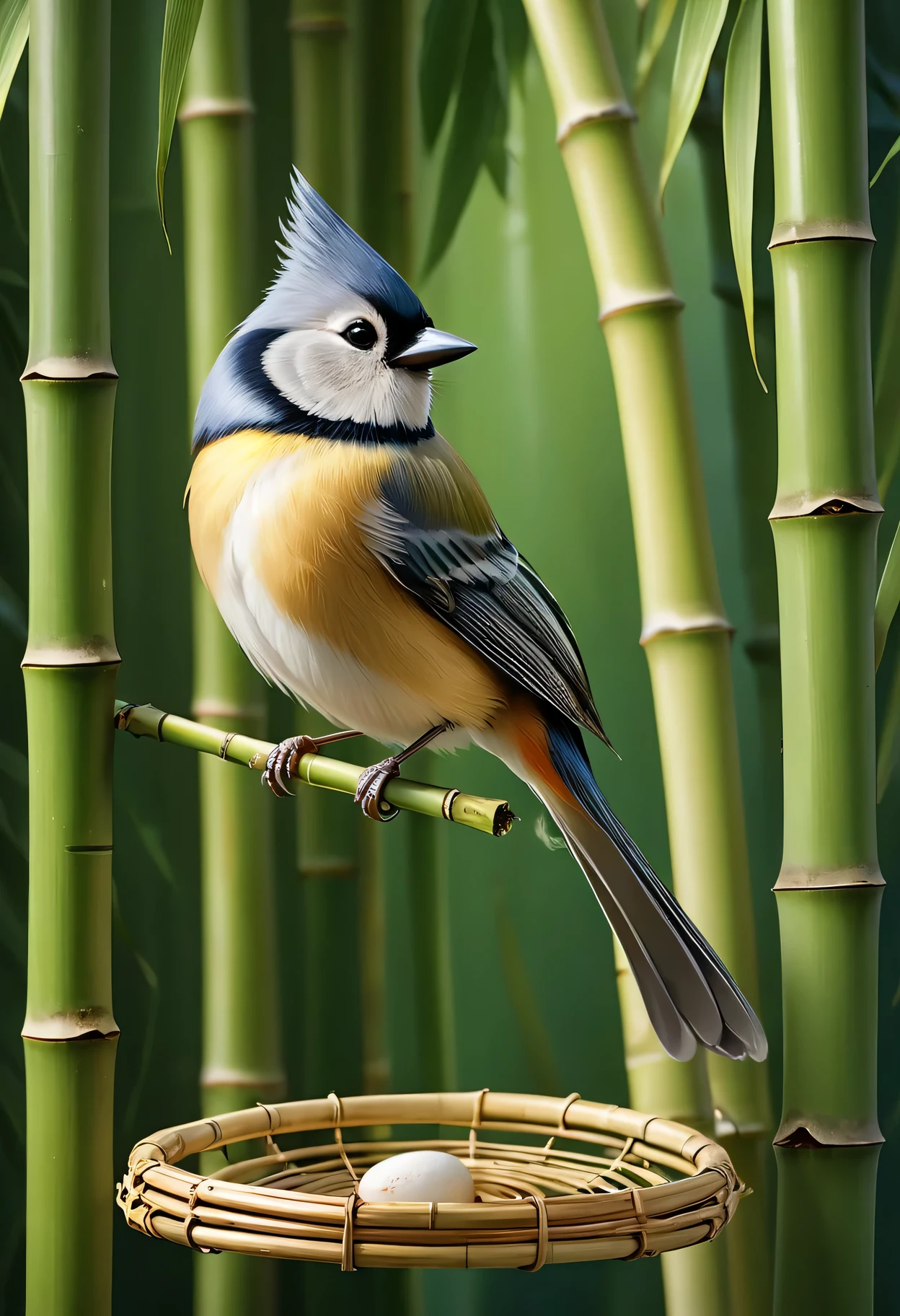 He carefully transported the titmouse, a small but exquisite bird, to his humble abode. Surrounded by the comforting presence of bamboo, the bird found solace in its new bamboo cage. (realistic:1.37)The titmouse's(1)meticulously illustrated feathers cascade with mesmerizing gradients, while its(2)intricate beak and piercing eyes convey immense charm and elegance. The bamboo cage(3) stands as a testament to craftsmanship, showcasing elaborate textures and delicate etchings, leaving no detail unnoticed. (best quality,4k,8k,highres,masterpiece:1.2)Bathed in soft, natural lighting, the image renders a serene ambiance, allowing each element to shine. The color palette exudes a sense of tranquility and harmony, capturing the soothing essence of nature.