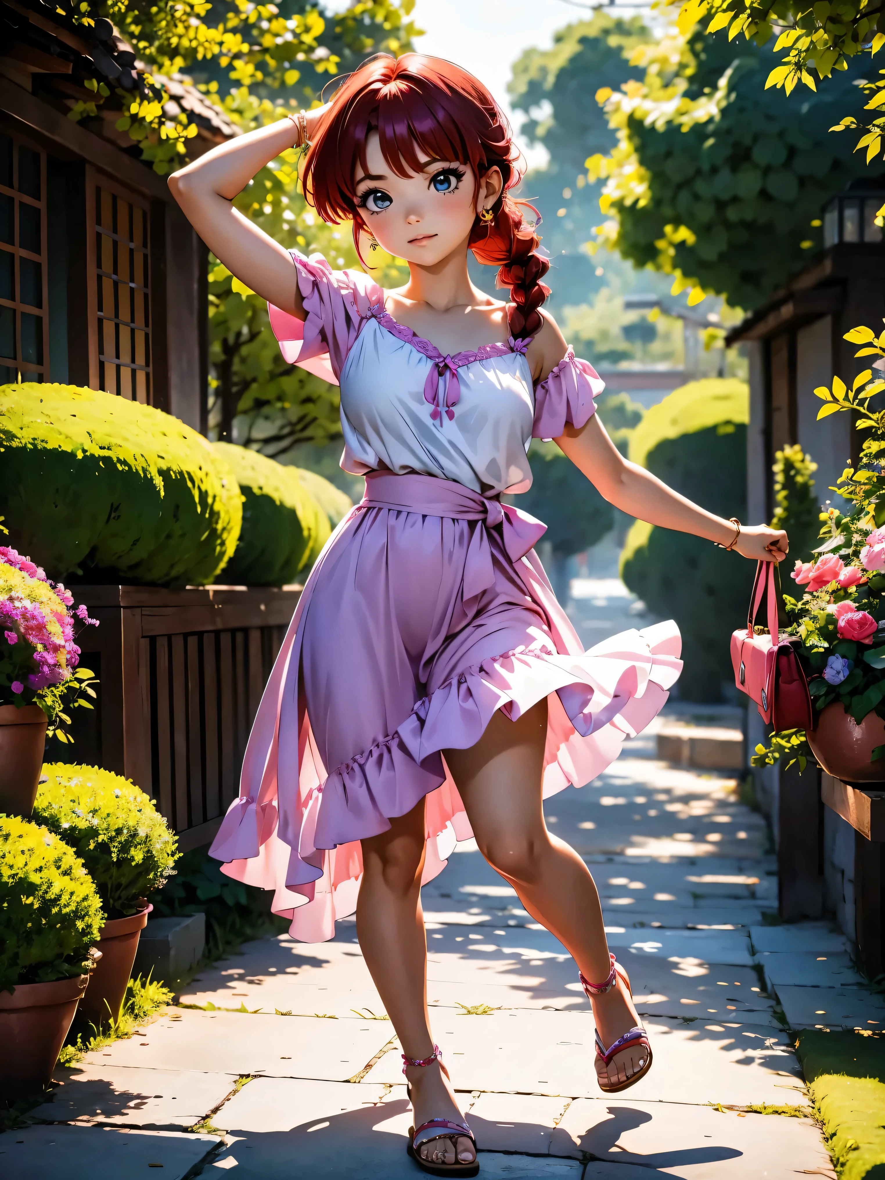 Garota anime ruiva com vestido longo pink e purple de casamento com saia, , corpo bonito, seios grandes, with hands behind head, running your hands through your hair, Garota sexy, red short hair with braid, mechas de cabelo laterais, mechas de cabelo na lateral do rosto, beautiful lighting, sombras suaves, olhos azuis, pernas bonitas, short hair with braid, estilo anime, Ranma Chan, Autora Rumiko Takahashi, Baseado em obra de Rumiko Takahashi, Anime Ranma 1/ 2, decote sexy, quadril robusto, corpo inteiro, corpo inteiro, busto grande, garota jovem com corpo belo e bonito, sandals on his feet, garota 16 anosbaixa estatura, usando vestido longo pink e purple, garota anime, estilo anime, beautiful feet in sandals, 0° front viewing angle, ao ar livre, red hair braid, esta ao ar livre em um jardim florido, with one hand behind the head and the other on the waist