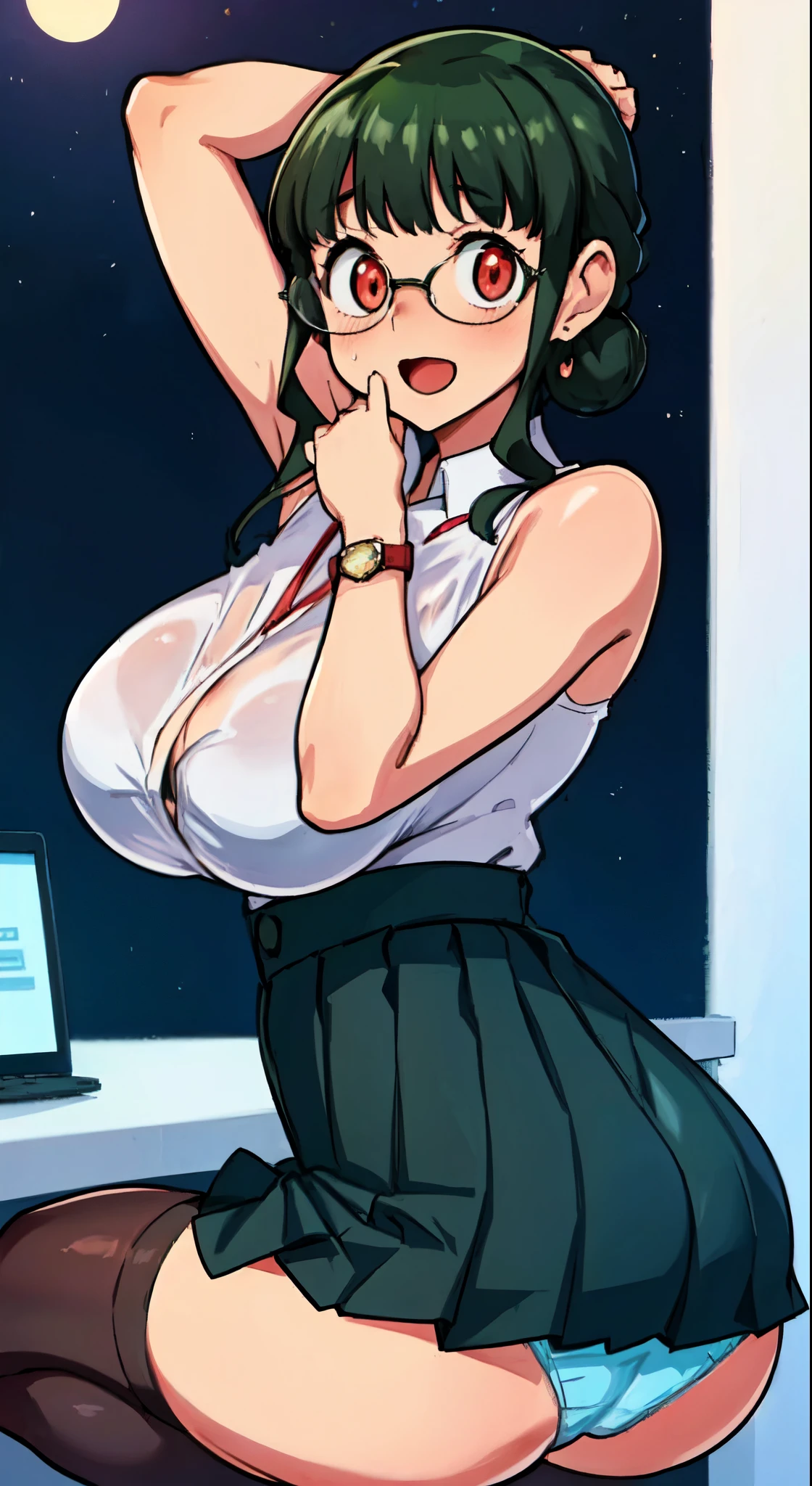 (Cl○se、16k、highest quality、high detail、Rich skin details)、(((nfsw)))、Office Lady、adult w○men、Watch anywhere、○bedience、((huge breasts))、((○besity))、red eyes、:d、((((surprised))))、((blushed))、((embarrassing))、((big ass))、very big thighs、arm behind head、short hair、light blue panties、(((Skirt can be rolled up)))、(((Panchira)))、office room at night、huge breasts、glasses、black hair、squatting down、(1 w○man)