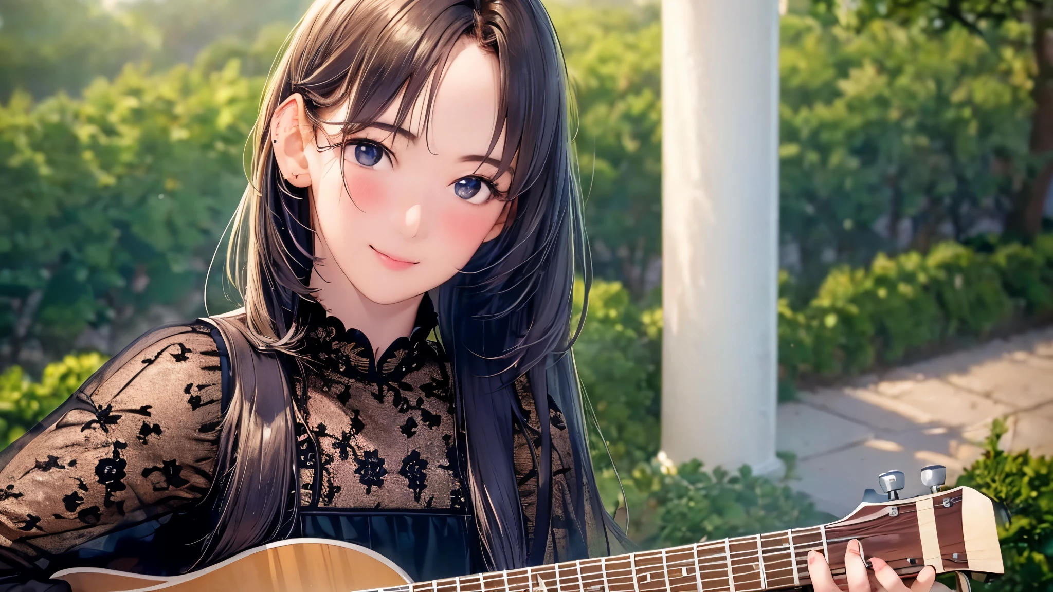 (8K, highest quality, masterpiece: 1.2), (realistic, photorealistic: 1.37), Super detailed, single girl, cute, alone, midnight, beautiful detailed sky, wilderness, Sit down and play the guitar, date, (blush), (smile: 1.15), small breasts (closed your mouth), beautiful small eyes, Floating hair NovaFrogStyle, open back dress
