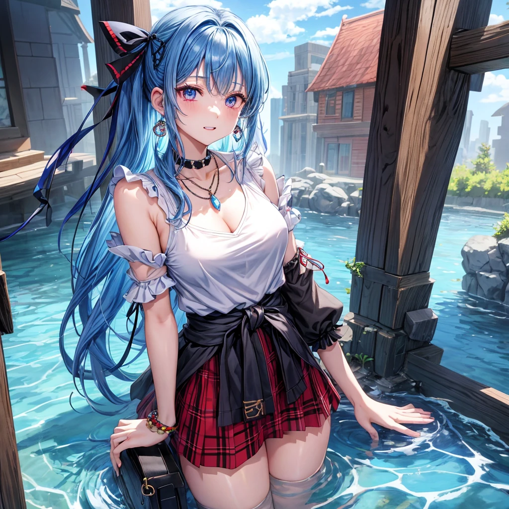 blue hair、red eyes、one good looking girl、solo、anime、plaid mini skirt、black camisole、black t-shirt、kimono、wearing a ribbon、ribbon at waist、stones are piled up、crystal earrings、jewelry necklace、Light and shadow、tilting one's face、teeth are visible、Wearing geta、lots of crystals、Lock、in the clouds、pillar、Angel、skylight
