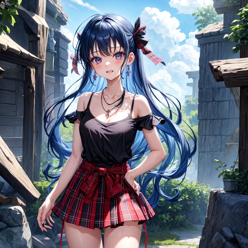 blue hair、red eyes、one good looking girl、solo、anime、plaid mini skirt、black camisole、black t-shirt、robe、wearing a ribbon、ribbon at waist、stones are piled up、crystal earrings、jewelry necklace、Light and shadow、tilting one&#39;s face、teeth are visible、Wearing geta、lots of crystals、Lock、in the clouds、pillar、skylight
