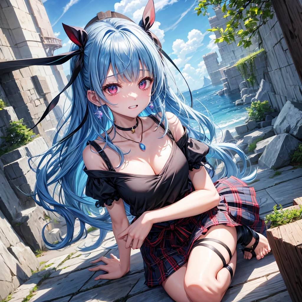 blue hair、red eyes、one good looking girl、solo、anime、plaid mini skirt、black camisole、black t-shirt、robe、wearing a ribbon、ribbon at waist、stones are piled up、crystal earrings、jewelry necklace、Light and shadow、tilting one's face、teeth are visible、Wearing geta、lots of crystals、Lock、in the clouds、pillar、skylight