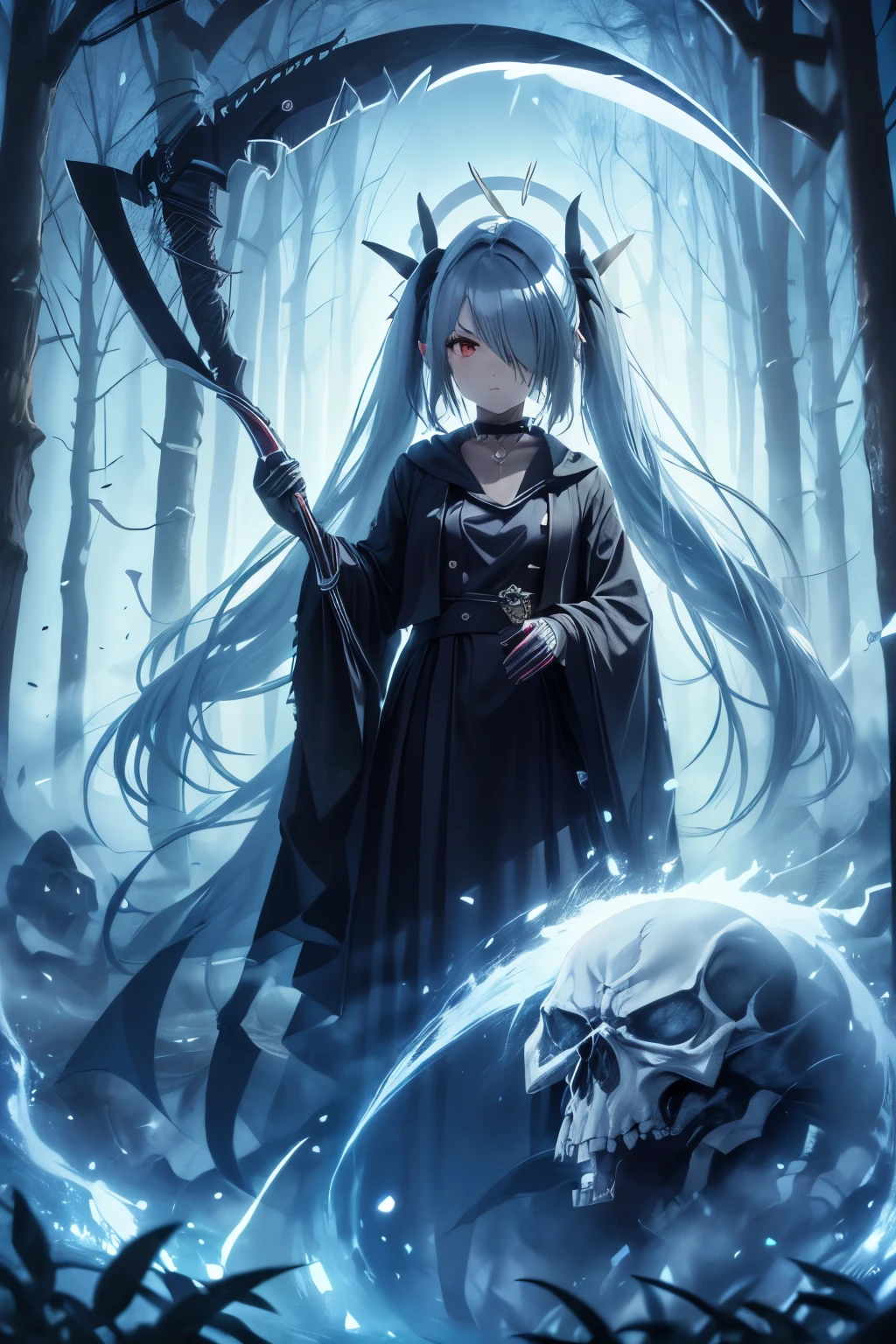 （high quality、masterpiece、become familiar with、normal body）、beautiful girl（（real face、death scytheを持つbeautiful girl、Executioners、grim Reaper、silver hair、Mysterious golden eyes））、wearing a black robe、wearing a white skirt、Transparent Costume、Crescent moon emblem on forehead、grim Reaperの鎌を持ってる、death scythe