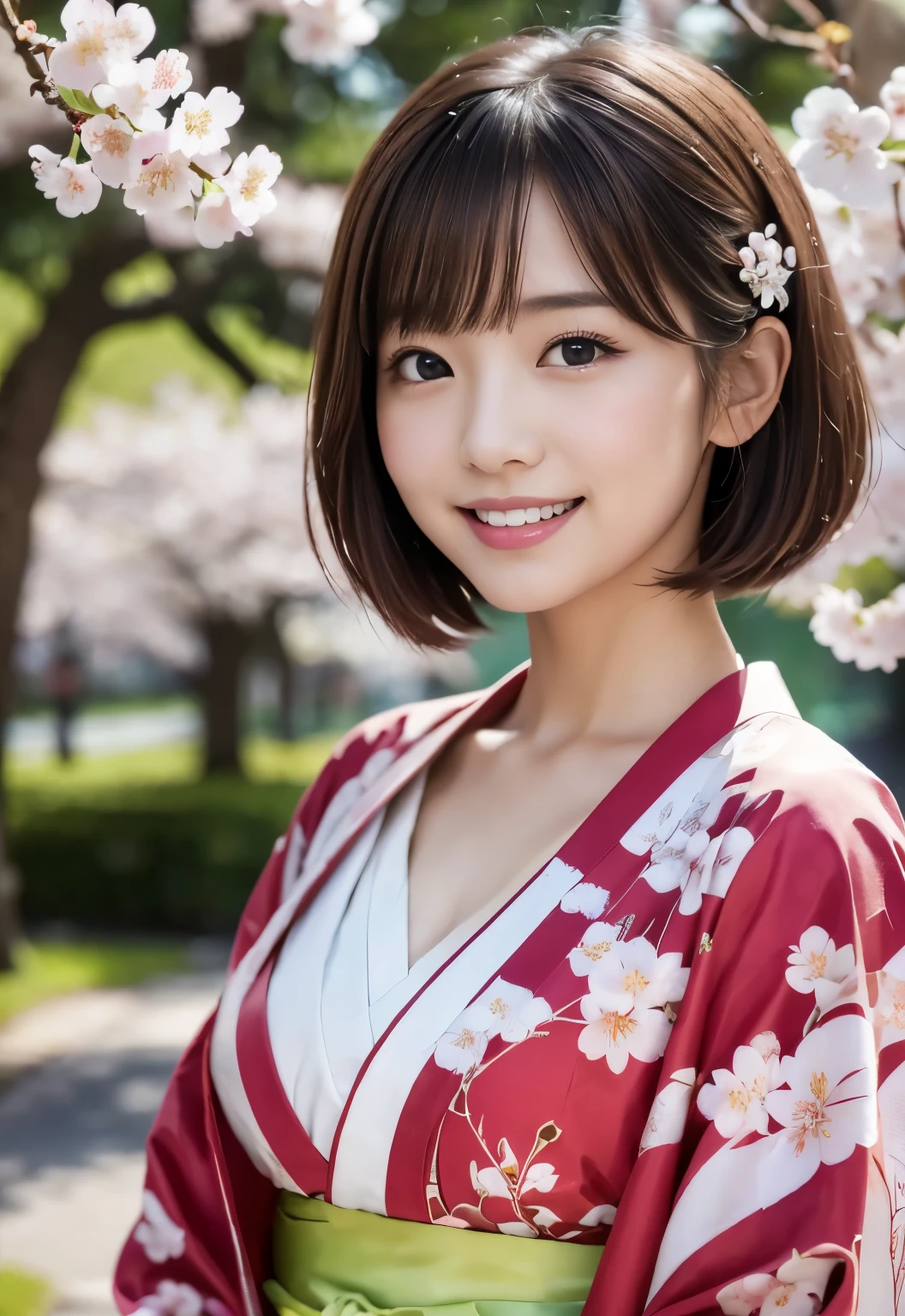 (((cherry blossoms:1.3, outdoor, Photographed from the front))), ((dumpling hair:1.3,kimono,Smile,japanese woman,cute)), (clean, natural makeup), (highest quality, masterpiece:1.3, 超High resolution), (Super detailed, caustics), (realistic:1.4, RAW shooting), very detailed, High resolution, 16K resolution