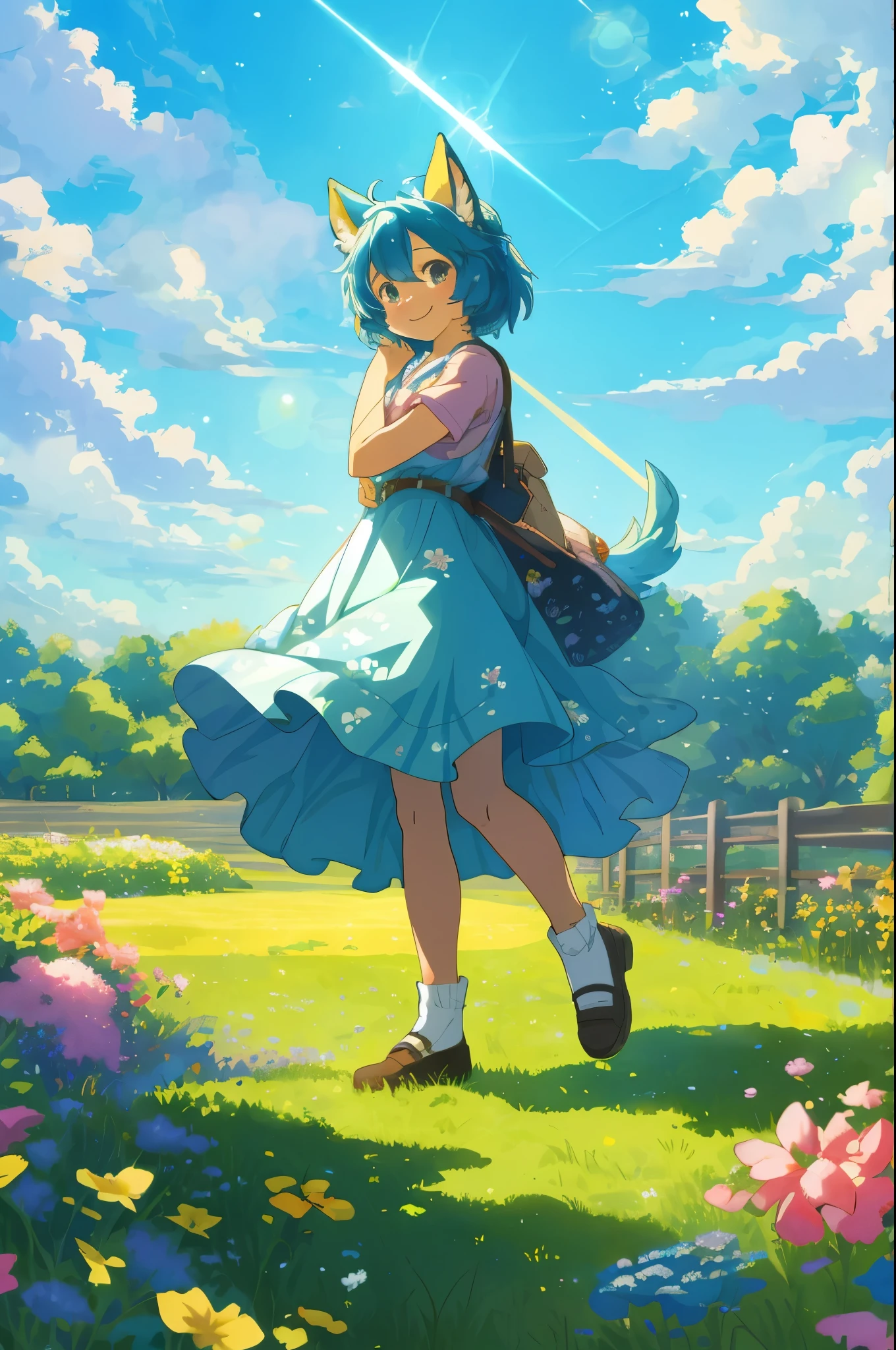 anime key visual, highres, High-quality illustrations, unparalleled masterpiece(movie of life)nature inspired imagery, romanticized views, lively illustrations, whimsical cartoonish, farm, Blue sky, clouds, florals Beautiful garden(furry anthro, solo, girl, casual fashion, Relux pose, Smile)absurdres, perfect anatomy, caustics, cinematic lighting, lens flare, deep shadow, dynamic angle,