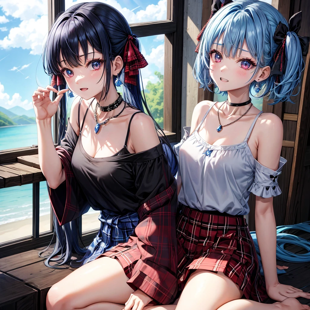 blue hair、red eyes、one good looking girl、solo、anime、plaid mini skirt、black camisole、black t-shirt、robe、wearing a ribbon、ribbon at waist、stones are piled up、crystal earrings、jewelry necklace、Light and shadow、tilting one&#39;s face、teeth are visible、Wearing geta、lots of crystals、Lock、in the clouds、pillar、skylight