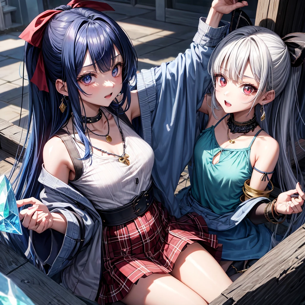 blue hair、red eyes、one good looking girl、solo、anime、plaid mini skirt、black camisole、black t-shirt、robe、wearing a ribbon、ribbon at waist、stones are piled up、crystal earrings、jewelry necklace、Light and shadow、tilting one&#39;s face、teeth are visible、Wearing geta、lots of crystals、Lock、in the clouds、pillar、skylight