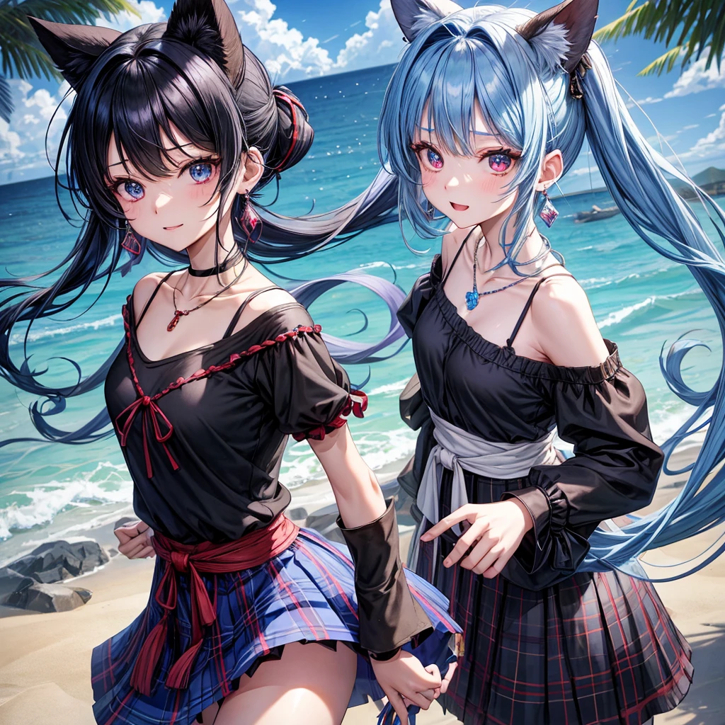 swimsuit, beach, charismatic smile, cat ears, long hair, black hair, bright violet eyes, cute face, beautiful body, anime drawing, Maximum quality