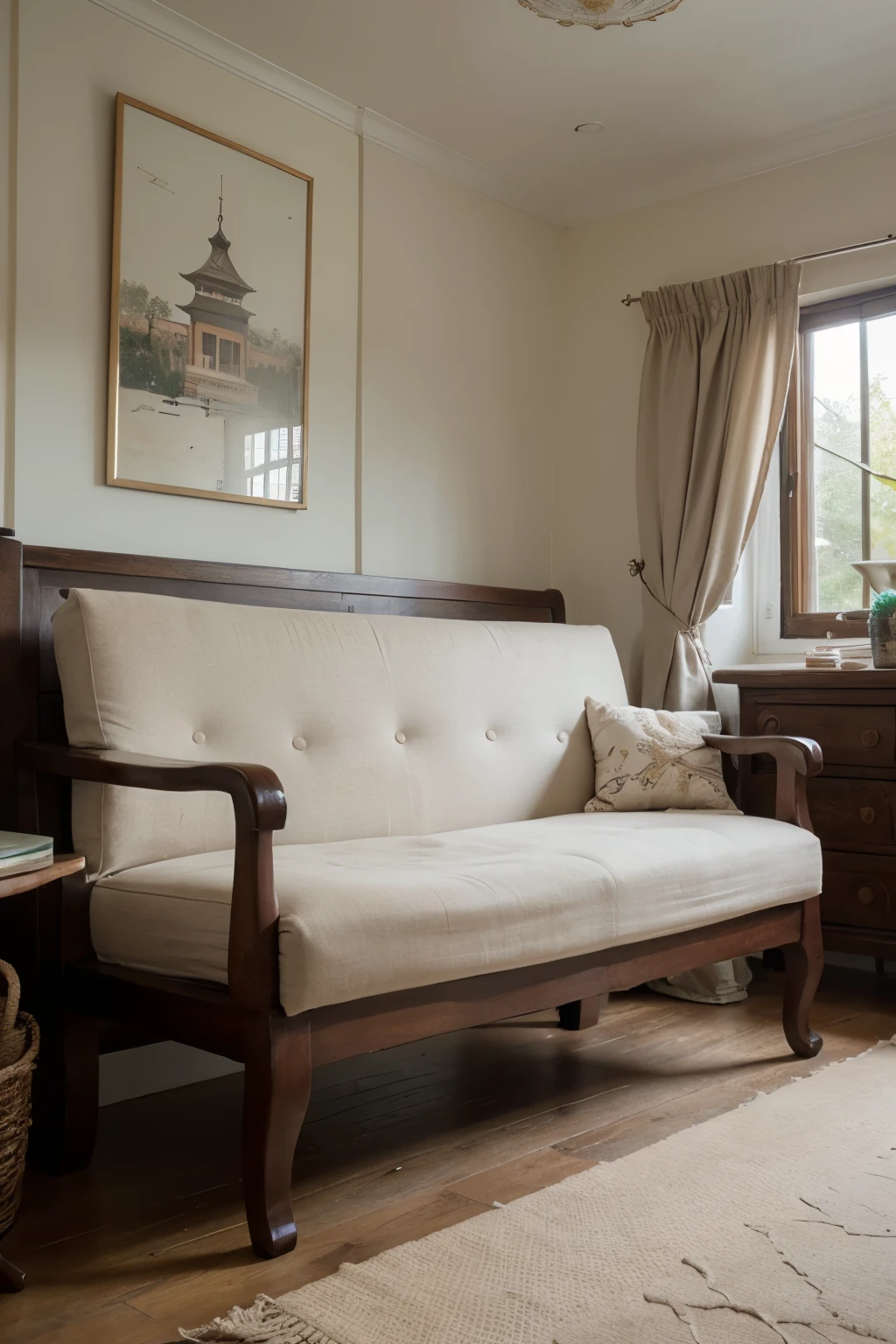 ((best quality)), ((masterpiece)), (detailed), a living room, minimalist asian decoration concept, soft lighting, two-seater long bench, landscape image orientation