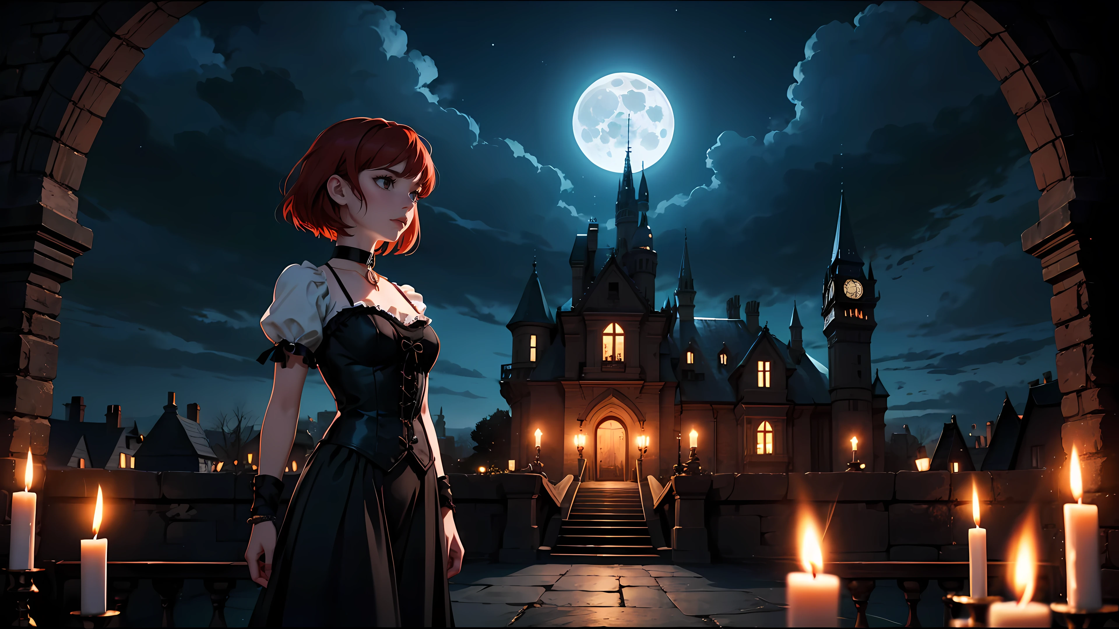 ((1girl)), short red hair, choker collar, bracelets, Victorian style long black dress, standing, dramatic pose, cowboy shot, gothic castle, night, nighttime, one moon, moonlight, candles, candlelight, dramatic lighting, cinematic lighting, 