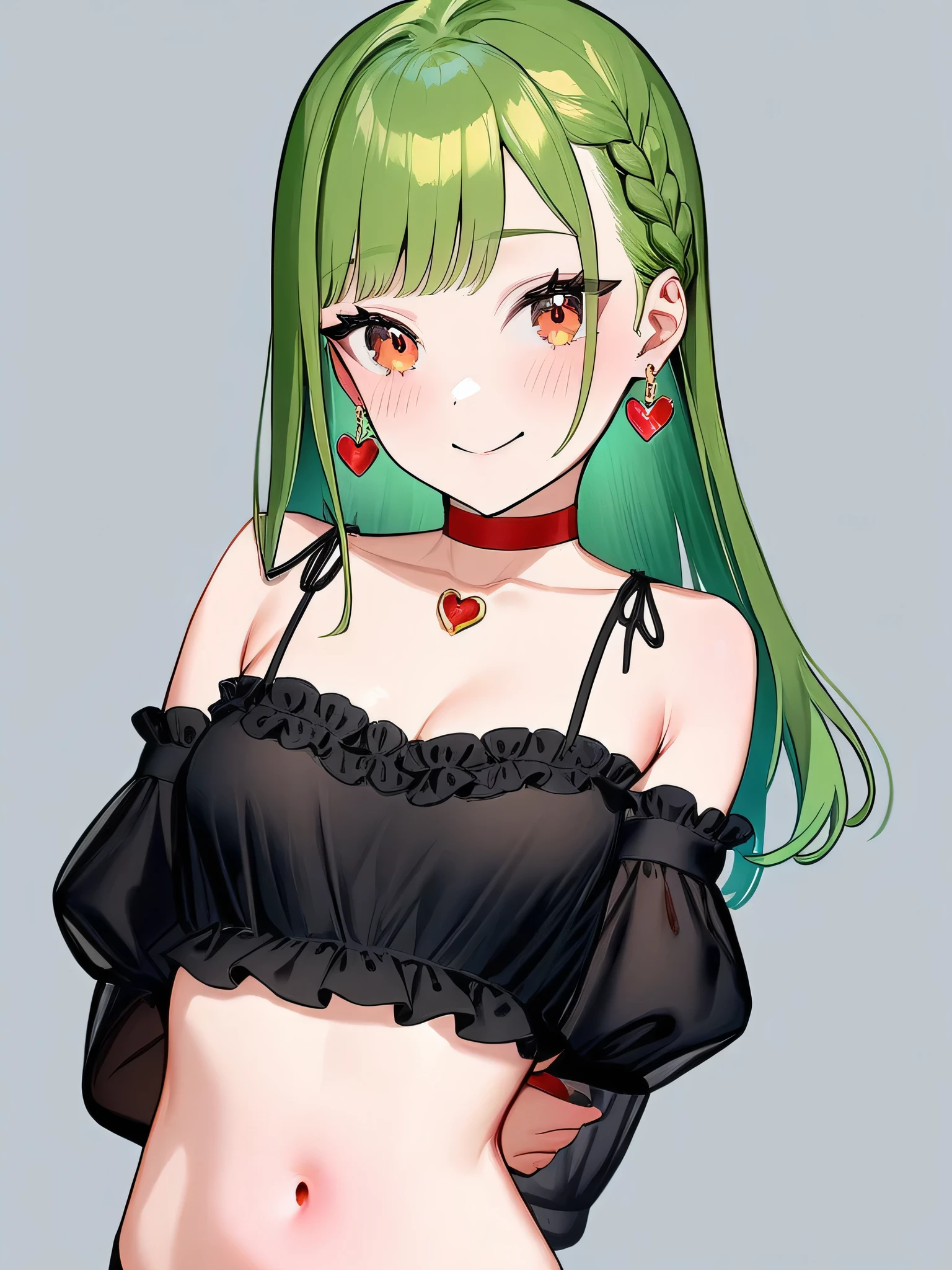 1girl, solo, long hair, breasts, green hair, navel, heart, white background, hair ornament, looking at viewer, collarbone, smile, simple background, medium breasts, arms behind back, heart hair ornament, choker, bare shoulders, earrings, cleavage, braid, jewelry, bangs, eyebrows visible through hair, closed mouth, blush, midriff, upper body, brown eyes, heart earrings, detached sleeves, orange eyes, stomach, crop top, french braid, frills, nail polish, red choker, off shoulder, arm behind back, spaghetti strap, masterpiece,best quality,