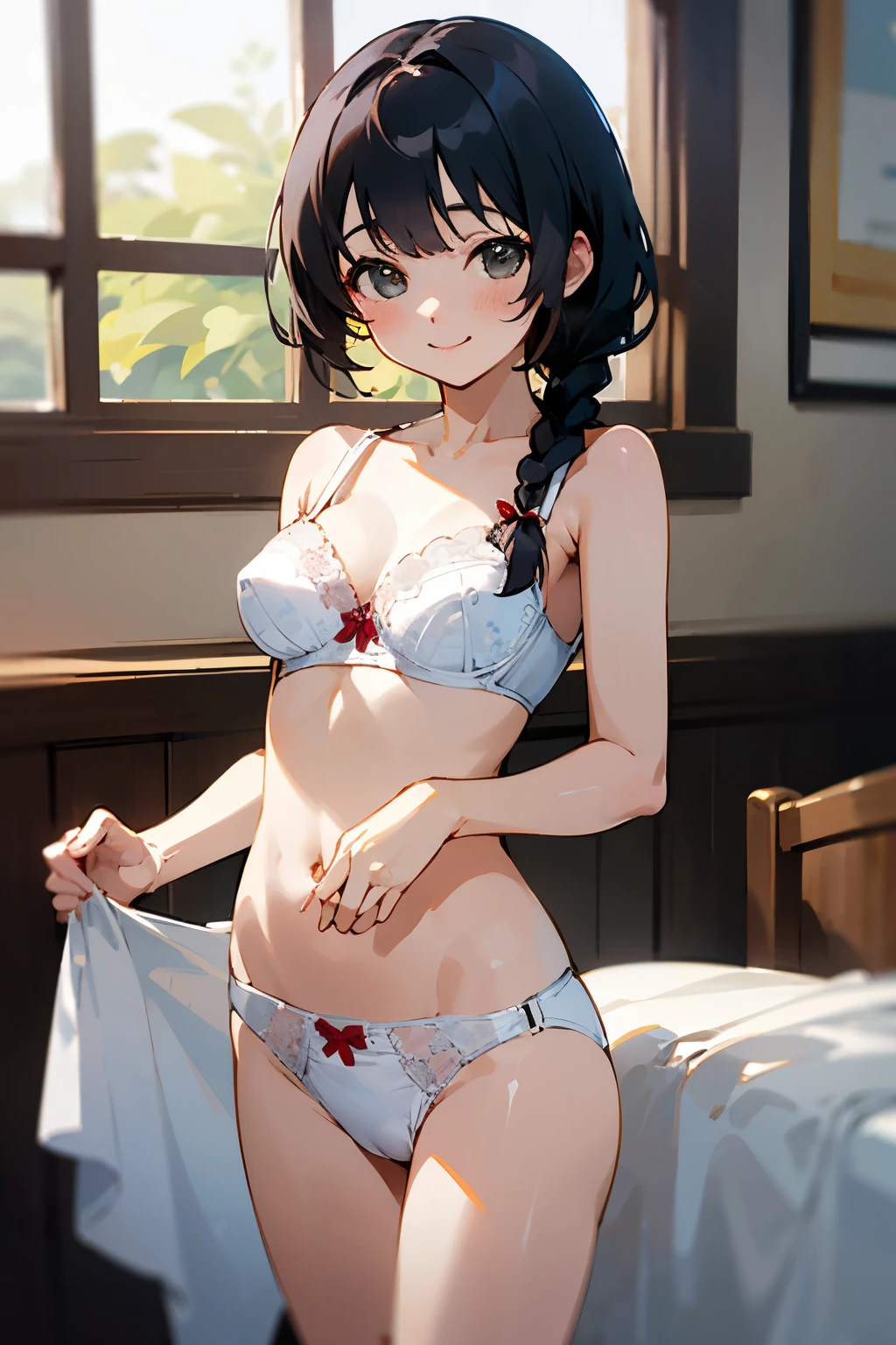 NSFW、with the best image quality、age girl standing in the room。in high resolution、beautiful details、quiet atmosphere。black hair two braids、cute smile.。Cute floral white bra、Wearing white panties with a cute floral pattern。