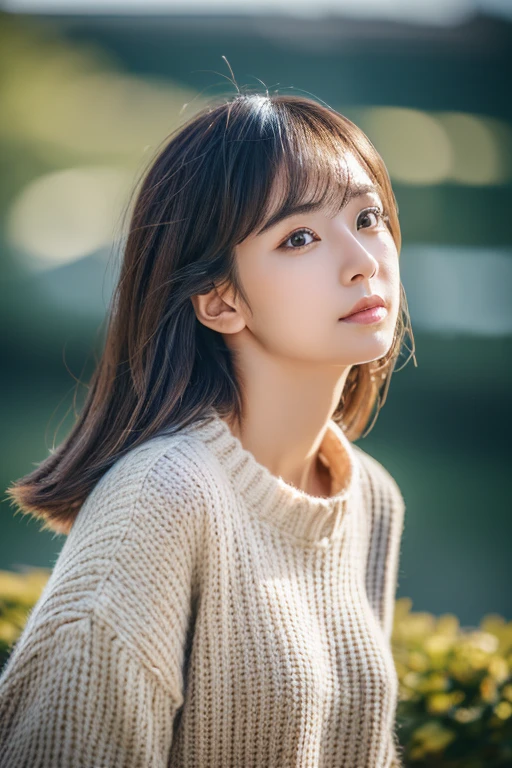 ((highest quality, 8K, masterpiece: 1.3)), woman (full body portrait, front, Wearing a long sweater), seabird, Catch Pose, overhead camera, sharp focus: 1.2, cute woman: 1.4, (((hairstyle random)), highly detailed face、skin、hair texture, detailed eye, double eyelid, 白いskin, beautiful and delicate nose, かわいい若い日本のwoman, 28 years old, at a dynamic angle, eyeに心地よく、Thought-provoking composition, Emphasize the subject&#39;s hair, eye, words and actions, While creating a melancholy feeling characterized by calm tones and contrast between light and shadow.,