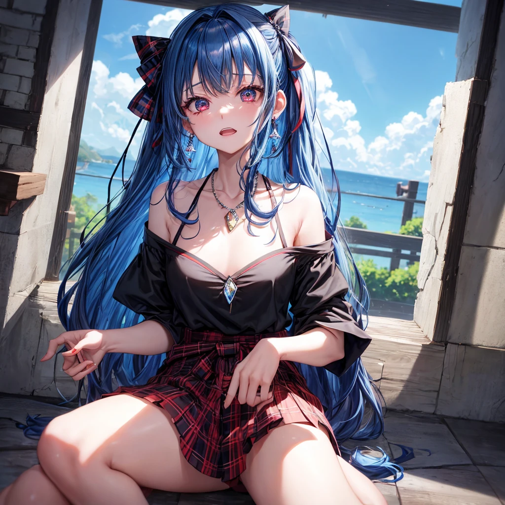 blue hair、red eyes、one good looking girl、solo、anime、plaid mini skirt、black camisole、black t-shirt、robe、wearing a ribbon、ribbon at waist、stones are piled up、crystal earrings、jewelry necklace、Light and shadow、tilting one&#39;s face、teeth are visible、Wearing geta、lots of crystals、Lock、in the clouds、pillar、skylight