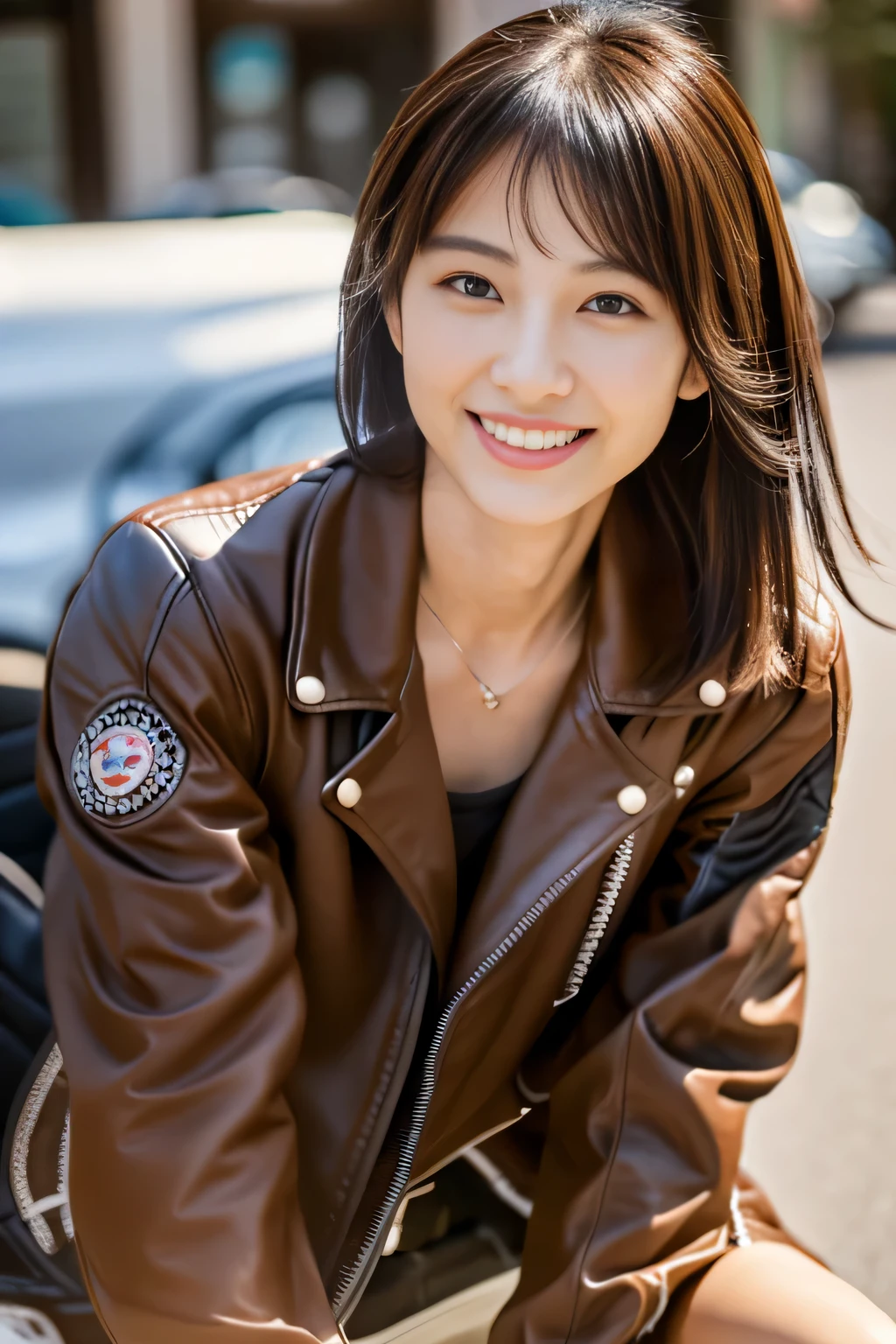 masterpiece, highest quality, Photoreal, Super detailed, finely, High resolution, 8k wallpaper, Professional, Advanced level of detail, ((Slender Japanese woman sitting on a large motorcycle:1.2)), detailed clavicle, Medium chest、(perfect beautiful face:1.5), Front facing、((wearing a motorcycle jacket:1.5)), (chestnut hair、1.8)、cute face、(gentle smile:1.5)、(full body shot:1.5)、(brown skin:1.5)