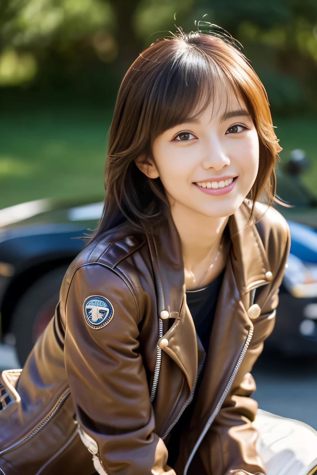 masterpiece, highest quality, Photoreal, Super detailed, finely, High resolution, 8k wallpaper, Professional, Advanced level of detail, ((Slender Japanese woman sitting on a large motorcycle:1.2)), detailed clavicle, Medium chest、(perfect beautiful face:1.5), Front facing、((wearing a motorcycle jacket:1.5)), (chestnut hair、1.8)、cute face、(gentle smile:1.5)、(full body shot:1.5)、(brown skin:1.5)