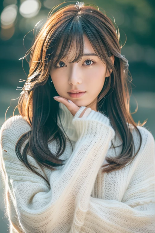 ((highest quality, 8K, masterpiece: 1.3)), woman (full body portrait, front, Wearing a long sweater), seabird, Catch Pose, overhead camera, sharp focus: 1.2, cute woman: 1.4, (((hairstyle random)), highly detailed face、skin、hair texture, detailed eye, double eyelid, 白いskin, beautiful and delicate nose, かわいい若い日本のwoman, 28 years old, at a dynamic angle, eyeに心地よく、Thought-provoking composition, Emphasize the subject's hair, eye, words and actions, While creating a melancholy feeling characterized by calm tones and contrast between light and shadow.,