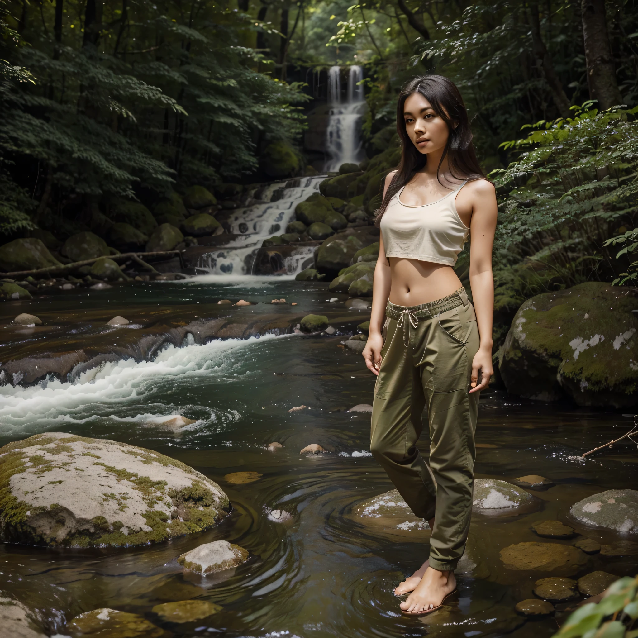 full body Thai woman 25 years old beautiful Beautiful face, oval shape, big sharp eyes, shoulder length hair, upturned nose, tan skin, narrow waist. Wear a hiking shirt hiking pants Dark green with side pockets, looks very sexy. There is a rifle by the stream in the background.:The forest has a flowing waterfall, and on the side there is a wide square with rocks.