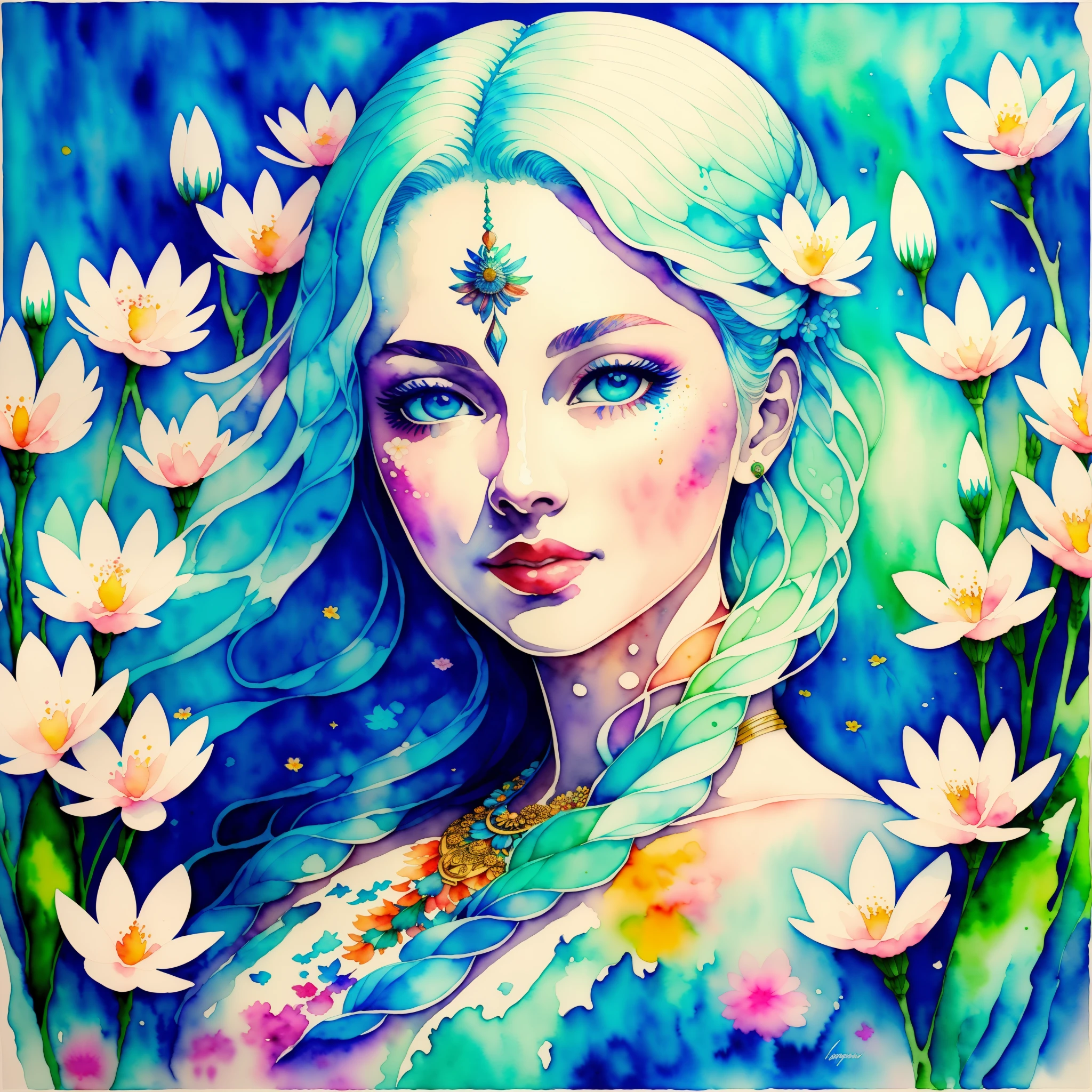 (highest quality),(masterpiece:1.2), (colorful:0.9), (ink splatter),(splash of color),((watercolor)), clear and sharp focus, model shot,, (Portrait of the goddess of spring:1.5), cute expression,elegant blue hair, Beautifully detailed face and eyes, elegant goddess clothes, spring forest background,, color water  