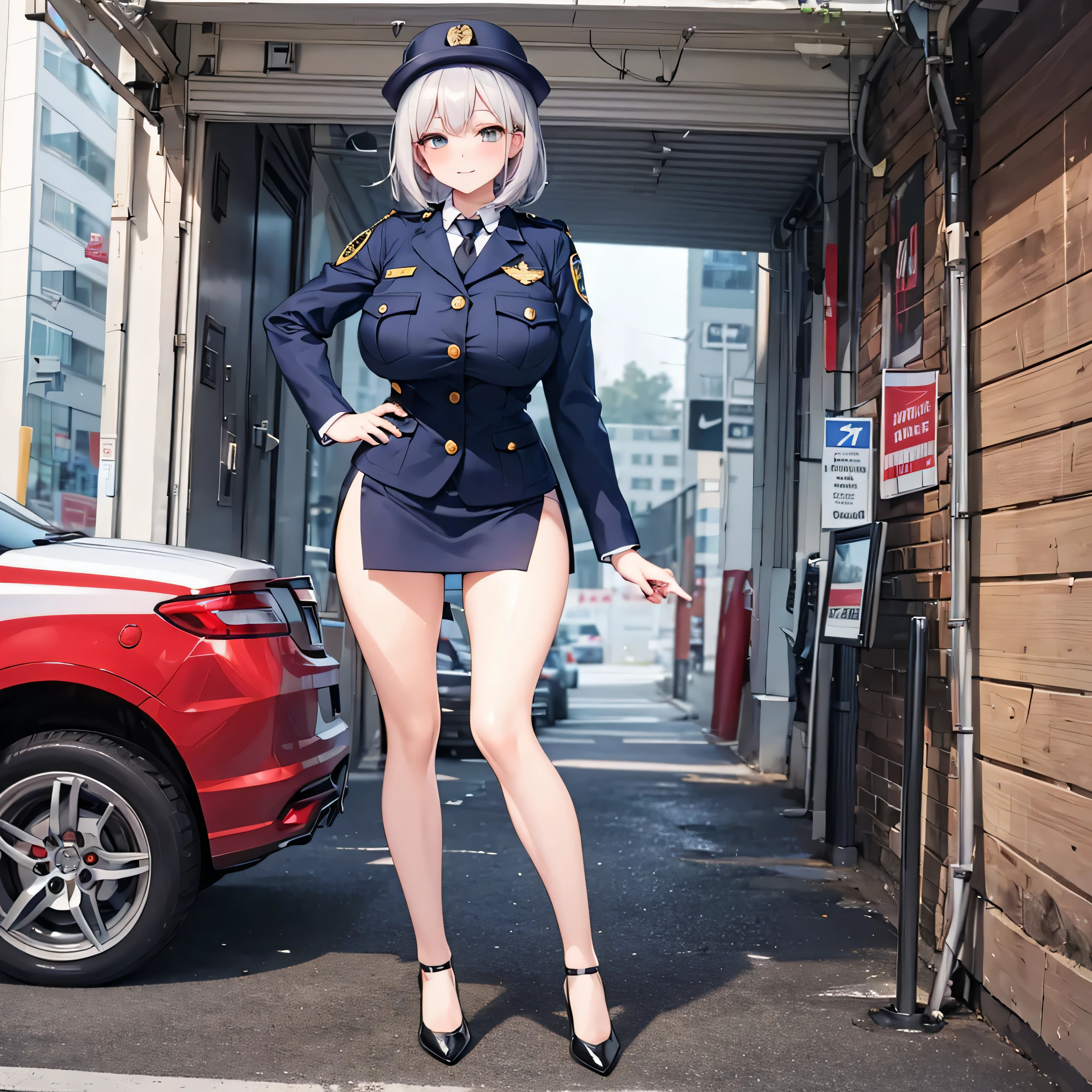 (solo:1.2), (1 policewoman), police uniform, very tight miniskirt, thigh gap, stiletto heels, narrow shoulders, (bursting disproportionately huge breasts:1.2), narrow waist, (slim hip), (skinny long legs), short hair, open legs, pigeon toed, right hand on hip, orgasm, pussy juice dripping down between thighs