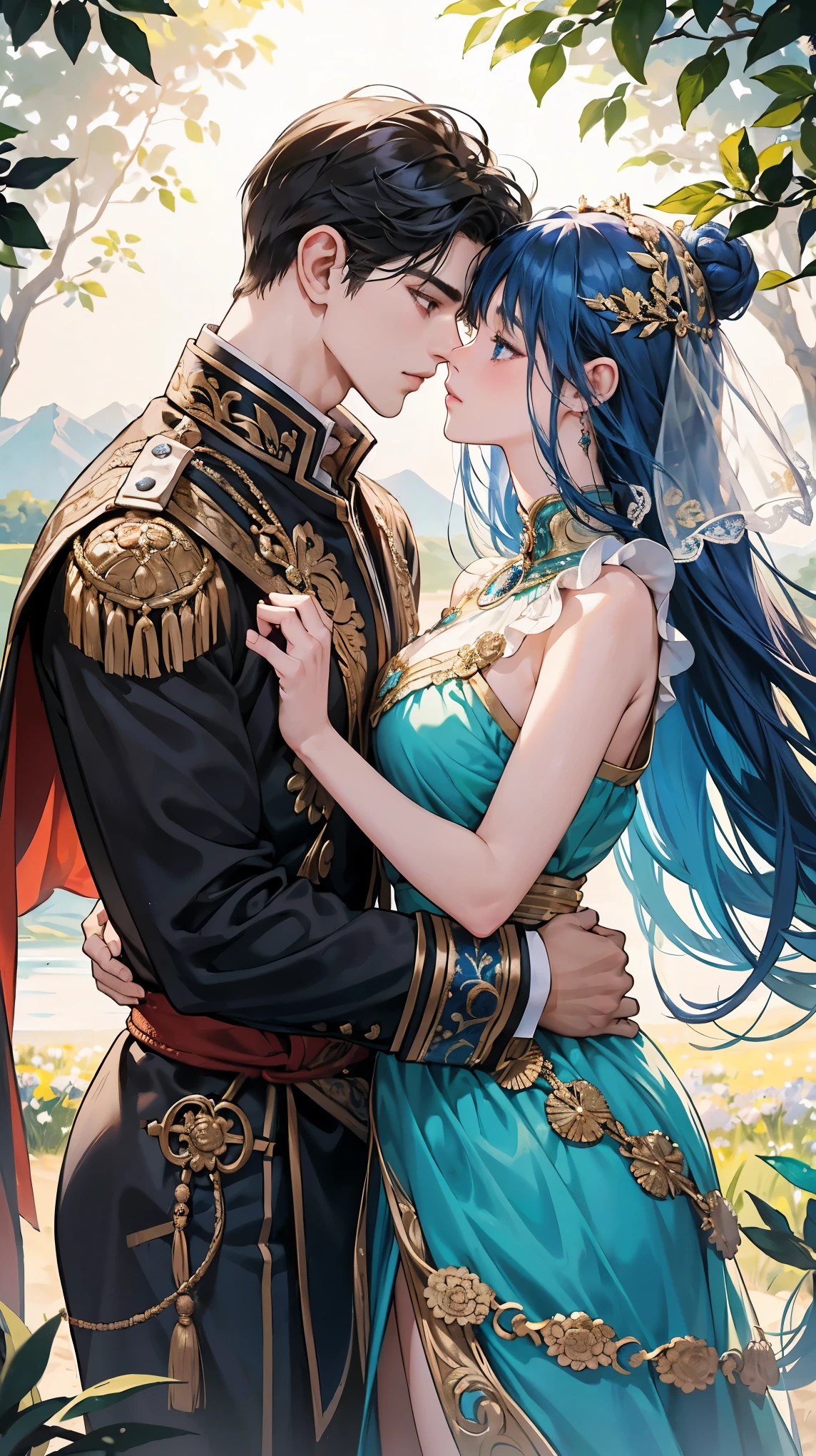 An intimate encounter between a man and a woman unfolds in a heartwarming and enchanting scene.。The stage is、steppe of central asia。The banks of the great river sparkling in the sunlight。Fantastic and majestic continental scenery。Creates a romantic atmosphere。 They stand facing each other,。their heights are different from each other。 emphasizes their unique physical characteristics。 That man is his height,Has dark hair that frames his striking face。The man is the crown prince of a steppe nomadic empire.。The man was wearing an ultramarine costume.、It is decorated with intricate golden embroidery.。A woman is a civilian in the oasis and is wearing Uyghur national costume.。The woman is delicate and .。Show off your radiant beauty with flowing, brightly colored hair. Their lips meet in a passionate kiss。 their pure love、Emphasis is placed on transcending class and culture.。 This magical moment captures the essence of their love,。evokes a feeling of sweetness and enchantment。Reminiscent of Gustave Moreau's style、It has an exotic, luxurious and profound charm.。