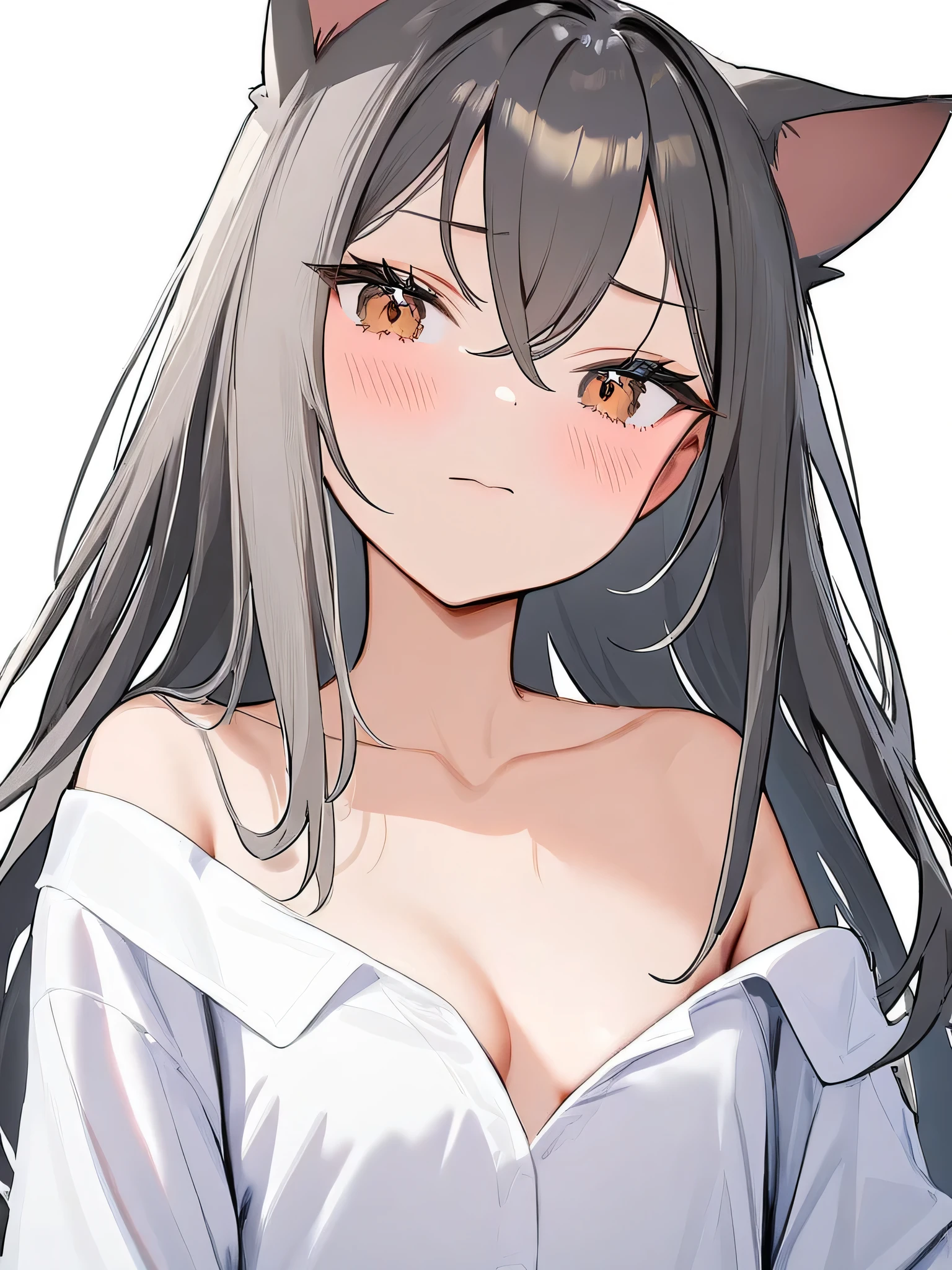 1girl, solo, long hair, animal ears, white background, simple background, looking at viewer, breasts, brown eyes, bangs, cat ears, eyebrows visible through hair, hair between eyes, collarbone, long sleeves, off shoulder, closed mouth, shirt, white shirt, grey hair, dress, upper body, white dress, small breasts, medium breasts, blush, very long hair, cleavage, masterpiece,best quality,