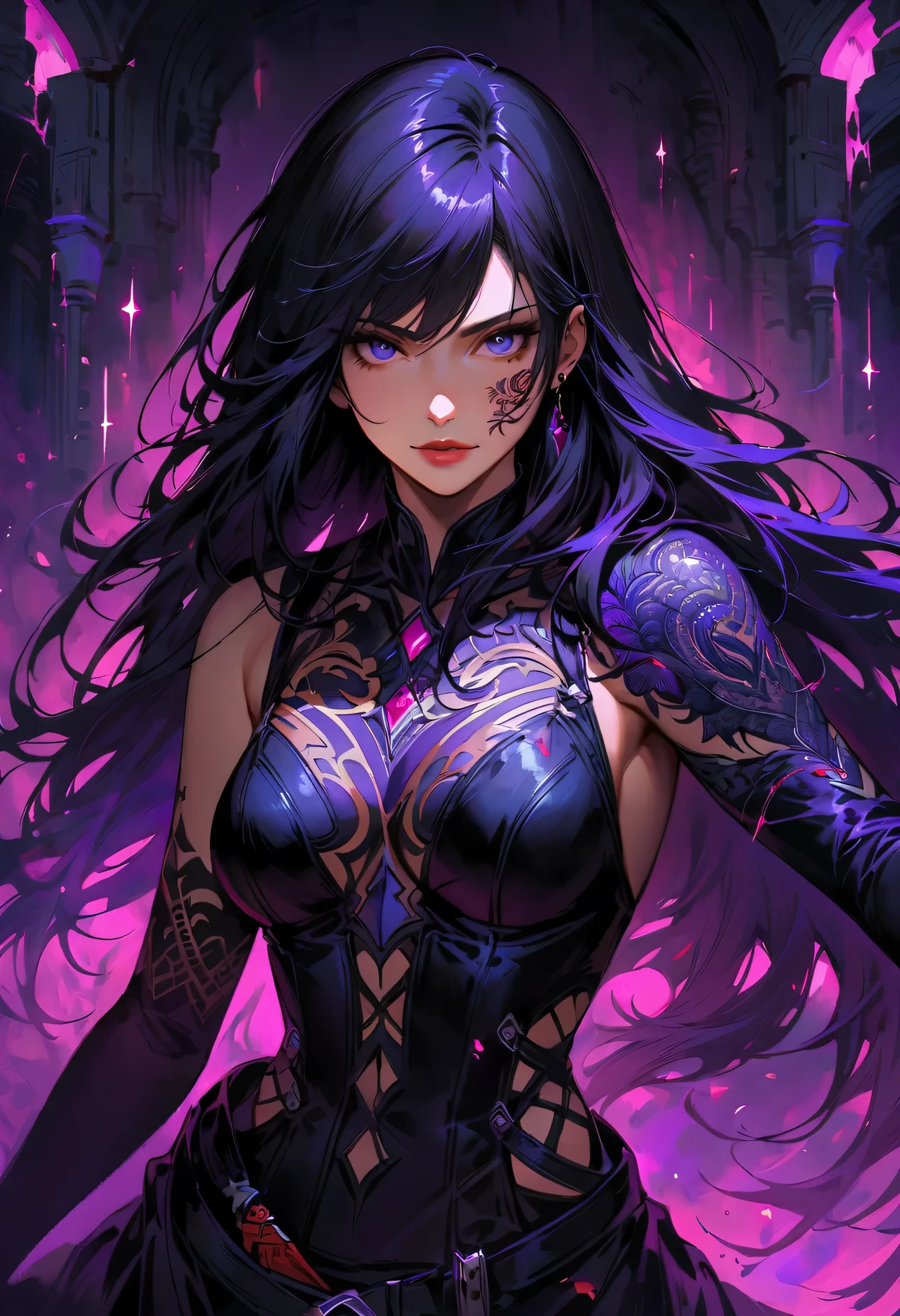 girl, dark necromancer, evil look, necromancer dress, wielding a staff, sexi, small breasts, facepaint, bodypaint, dark aura, highly detailed, vibrant appearance, creative behavior, imaginative, sensual, spontaneous, highest quality, skin texture, intricate details, (cinematic lighting), RAW photo, 8k