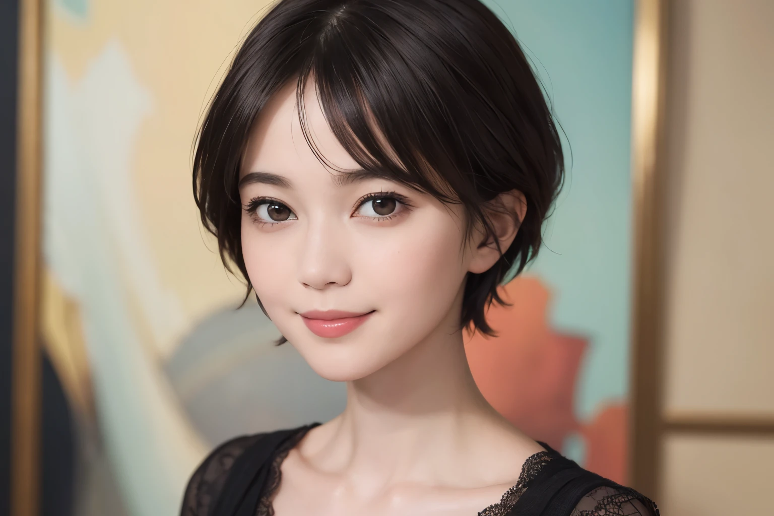 (snapdd00-Fp16), 1-9-5, woman, gentle smile, short hair, The background is an avant-garde abstract painting.....