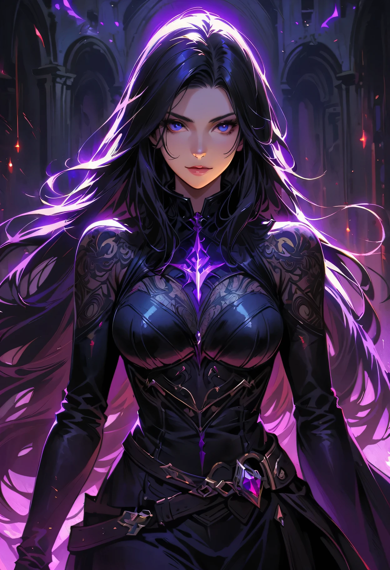 a detailed portrait of a female assassin in a dark fantasy setting, with long flowing hair in shades of black and purple, Tattood on the face, piercing blue eyes that emanate a sense of danger [detailed eyes, piercing blue:1.1], wearing a sleek black leather outfit [black leather outfit], adorned with intricate tattoos all over her body [intricate tattoos:1.1], including dragon scales on her arms [dragon scale tattoos] and an elaborate skull design on her back [skull tattoo:1.1]. She stands in a dimly lit underground chamber [dimly lit underground chamber], holding two curved daggers [curved daggers], The scene is illuminated with flickering torches [flickering torches], casting shadows and enhancing the suspenseful atmosphere. The color palette is predominantly dark and moody, with hints of red and purple accents [dark and moody color palette, red and purple accents], creating a sense of mystery and danger. The lighting emphasizes the sharp edges and intricate details of the assassin's attire and tattoos, adding depth and texture to the overall composition [emphasis on sharp edges, intricate details]. The image is of the highest quality, with extreme attention to detail [best quality, extreme attention to detail:1.2], showcasing the artist's technical expertise and mastery of light and shadow. The art style is realistic yet with a touch of fantasy, capturing the essence of the dark and intriguing world of Dungeons & Dragons [realistic art style with a touch of fantasy].