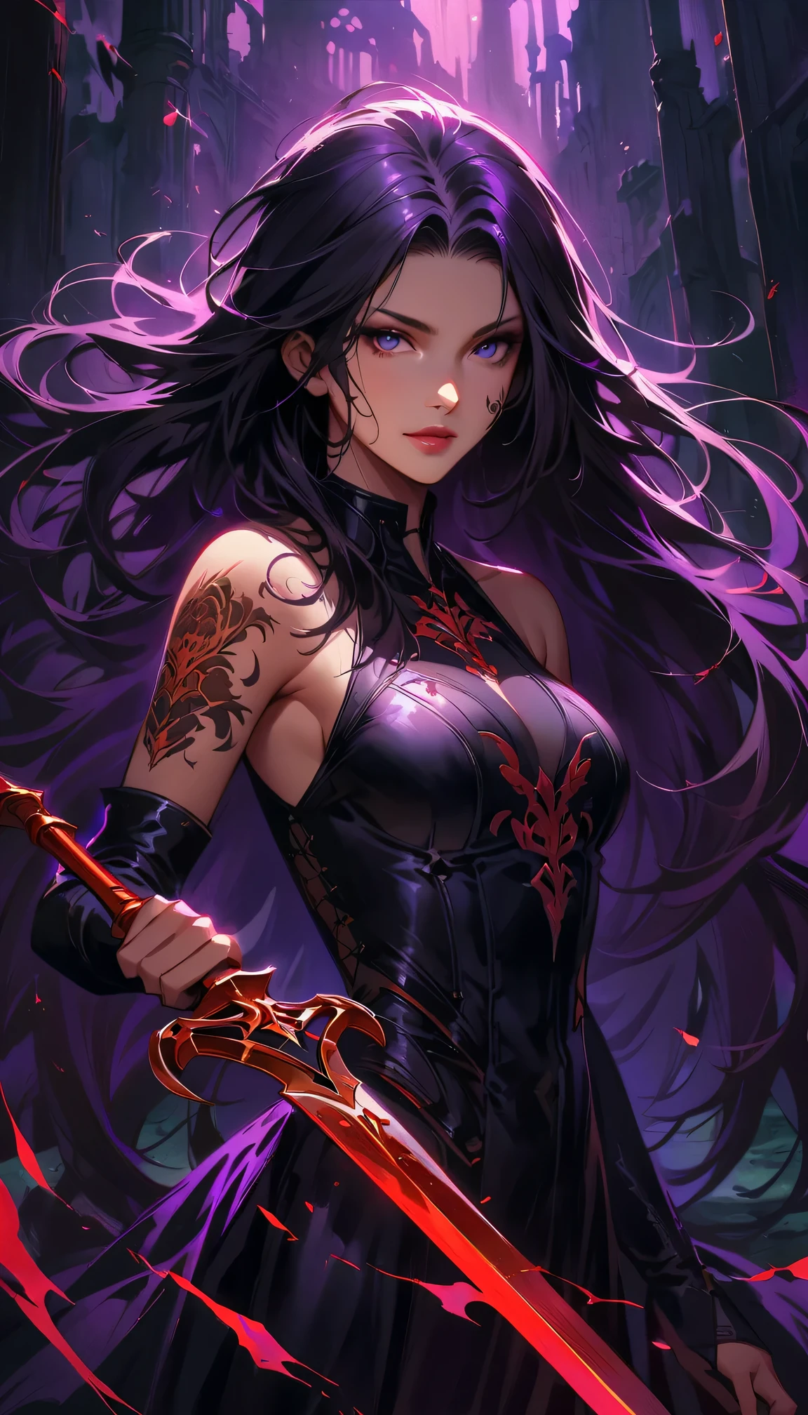 a detailed portrait of a female assassin in a dark fantasy setting, with long flowing hair in shades of black and purple, Tattood on the face, piercing blue eyes that emanate a sense of danger [detailed eyes, piercing blue:1.1], wearing a sleek black leather outfit [black leather outfit], adorned with intricate tattoos all over her body [intricate tattoos:1.1], including dragon scales on her arms [dragon scale tattoos] and an elaborate skull design on her back [skull tattoo:1.1]. She stands in a dimly lit underground chamber [dimly lit underground chamber], holding a (curved dagger), The scene is illuminated with flickering torches [flickering torches], casting shadows and enhancing the suspenseful atmosphere. The color palette is predominantly dark and moody, with hints of red and purple accents [dark and moody color palette, red and purple accents], creating a sense of mystery and danger. The lighting emphasizes the sharp edges and intricate details of the assassin's attire and tattoos, adding depth and texture to the overall composition [emphasis on sharp edges, intricate details]. The image is of the highest quality, with extreme attention to detail [best quality, extreme attention to detail:1.2], showcasing the artist's technical expertise and mastery of light and shadow. The art style is realistic yet with a touch of fantasy, capturing the essence of the dark and intriguing world of Dungeons & Dragons [realistic art style with a touch of fantasy].