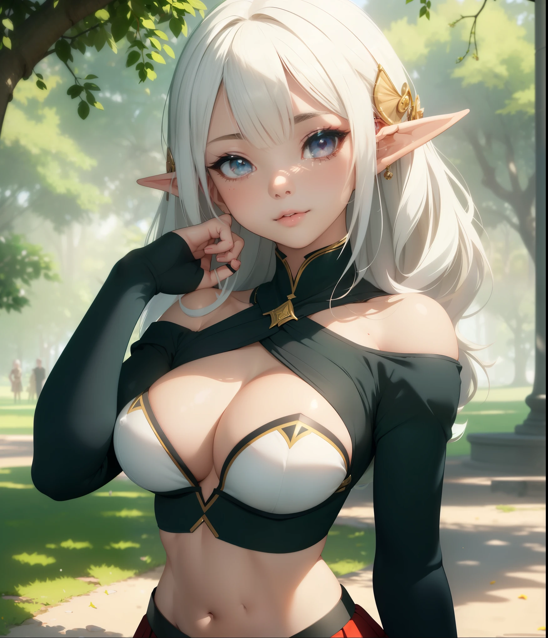 Very small and round breasts, she is a kawaii elf girl ((she is beautiful and cute elf)), (white hair, beautiful black, clip, bangs), double eyelids, red eyes, clear and detailed, hyper detailed, effect of light eyes, detailed iris, sensual body, ((strapless crop top with long sleeves, delicate and elegant pleated skirt, beautiful and cool)), ((masterpiece, hyper realistic, hyper detailed, best quality, 16k, light and shadow on the skin, bright colors)), eyeliner, thin eyebrows, sensual expression, perfect lips, innocent and sexy face, ((skin with light and shadow), beautifully seductive and embarrassed woman, passionate expression, shy smile ((she is a beautiful woman with a beautiful body)), flirting with the viewer, beautiful, charming, ((in the park)), BEAUTIFUL GESTURE ((elegant sensual pose))