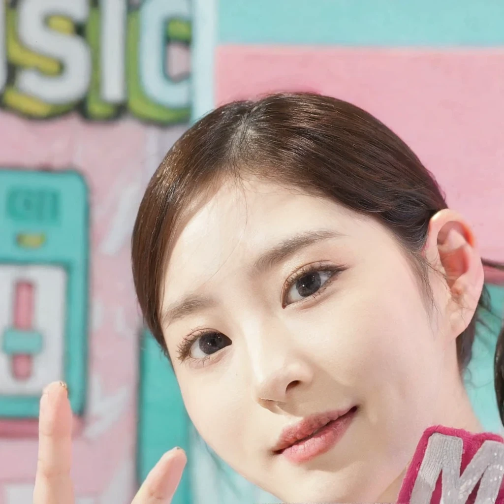 There is a woman making the peace symbol, portrait of minju from iz*one, adorable pale face, linda sonrisa kim minju