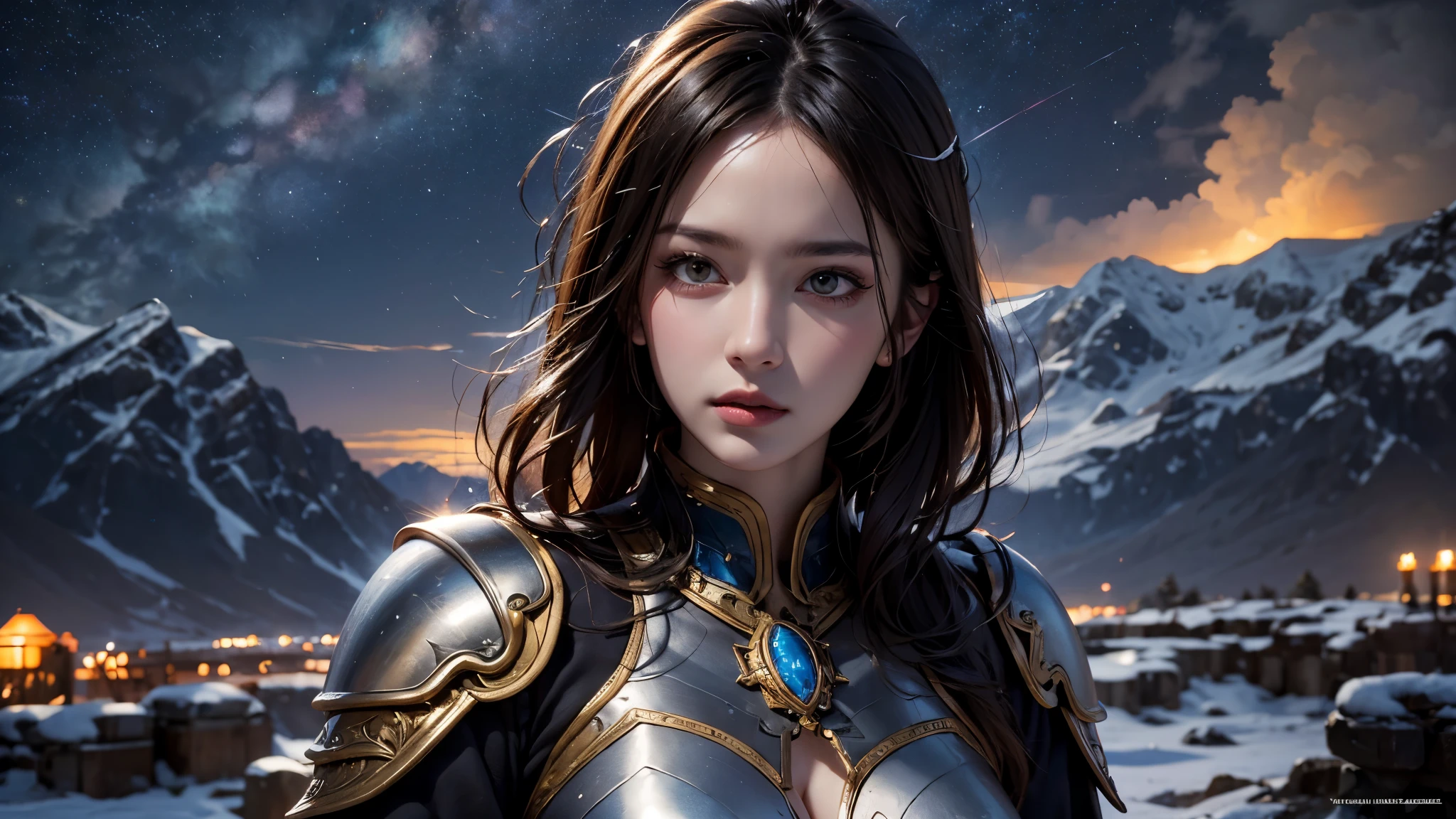 masterpiece, rest, best quality, Super detailed, Super real, 16K, high resolution, snow mountain, ((starry sky)),female warrior,ornate armor,big breasts,beautiful face,dramatic