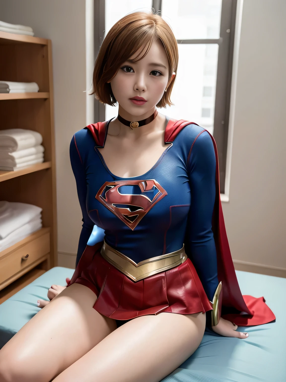 masterpiece、supergirl costume、short hair、barefoot、big and full breasts、Research room、operating table、straddle、Tattered、shiny、look at the camera、Seduce、choker、red mini skirt、long sleeve、Cowgirl