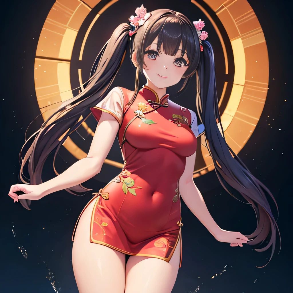 Realistic photo of cute woman, uneven twin tails, light makeup, medium chest size, smile a little, wear a cheongsam, full body shot, Clear facial features with sharp, realistic details, Sony FE, 35mm, cinematic lighting, advanced details, UHD, high quality, HD, 8K, 16k