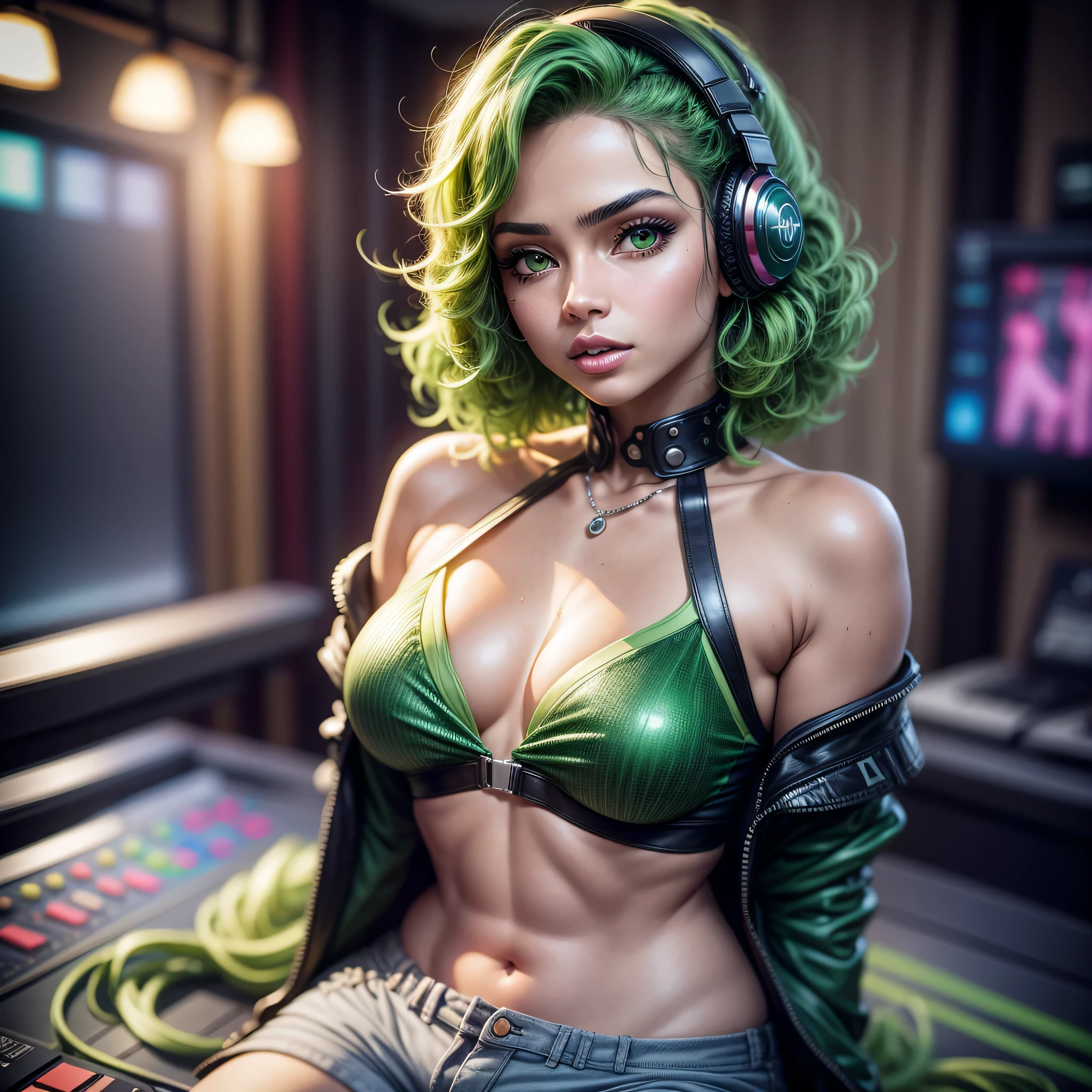 (31 years old, Latina, Latina Woman, mature face, perfect and well designed glowing green shiny eyes, (beautiful detailed eyes:1.05), (small breats:1.45), curvy body, ((pale skin)), detailed skin, realistic skin, short hair, ((((green hair))))), ((curly hair)), (headphones), (bare shoulders:1.6), (neckline:1.3), (cleavage:1.3), navel, (pale Skin:1.4)), Female DJ, DJ set, DJ booth, Mixing Console, Highest quality, Skin texture, Intricate details, ((galaxy_shirt, shorts)), Hip, trendy
