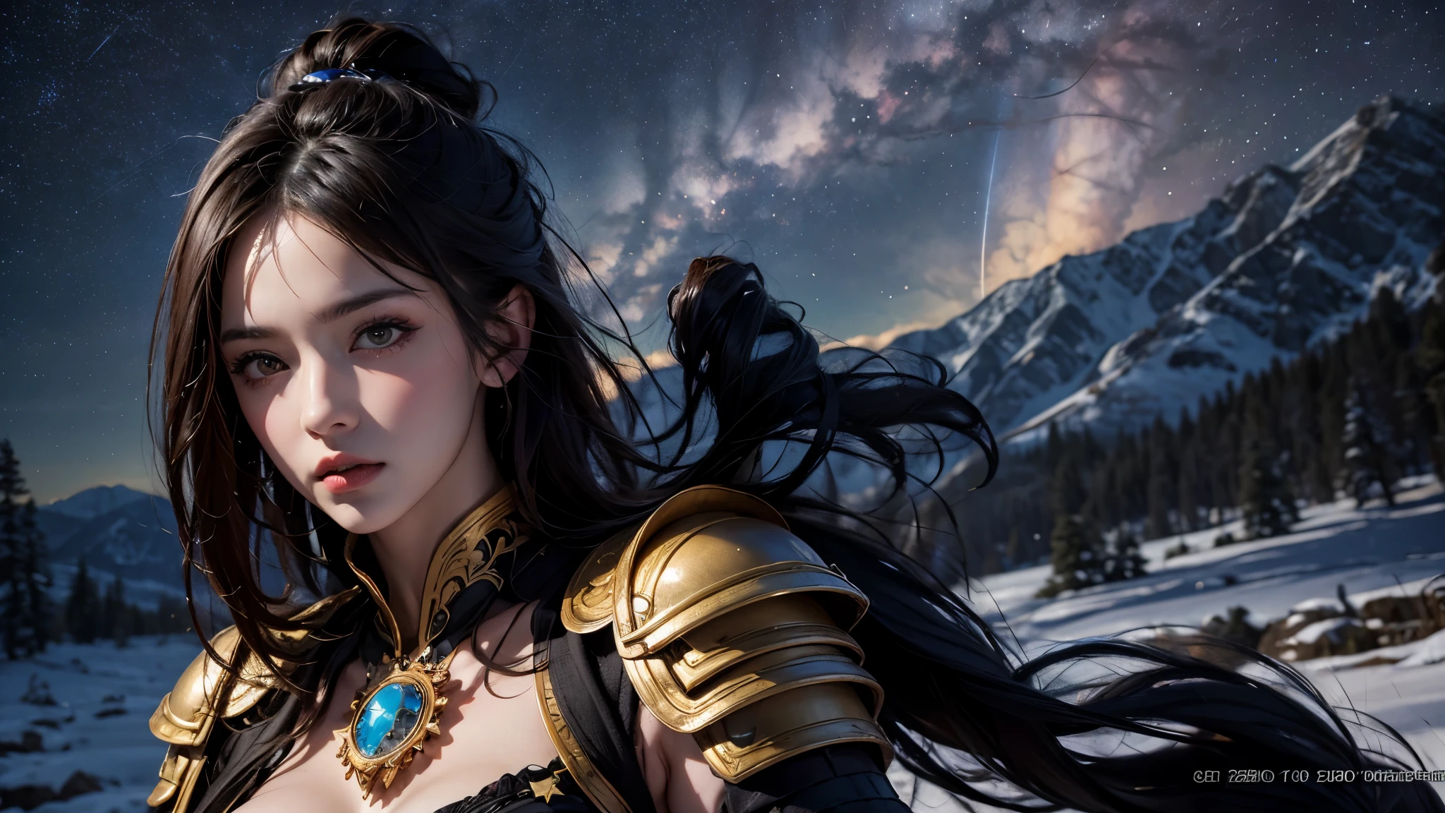 masterpiece, rest, best quality, Super detailed, Super real, 16K, high resolution, snow mountain, ((starry sky)),female warrior,ornate armor,big breasts,beautiful face,dramatic