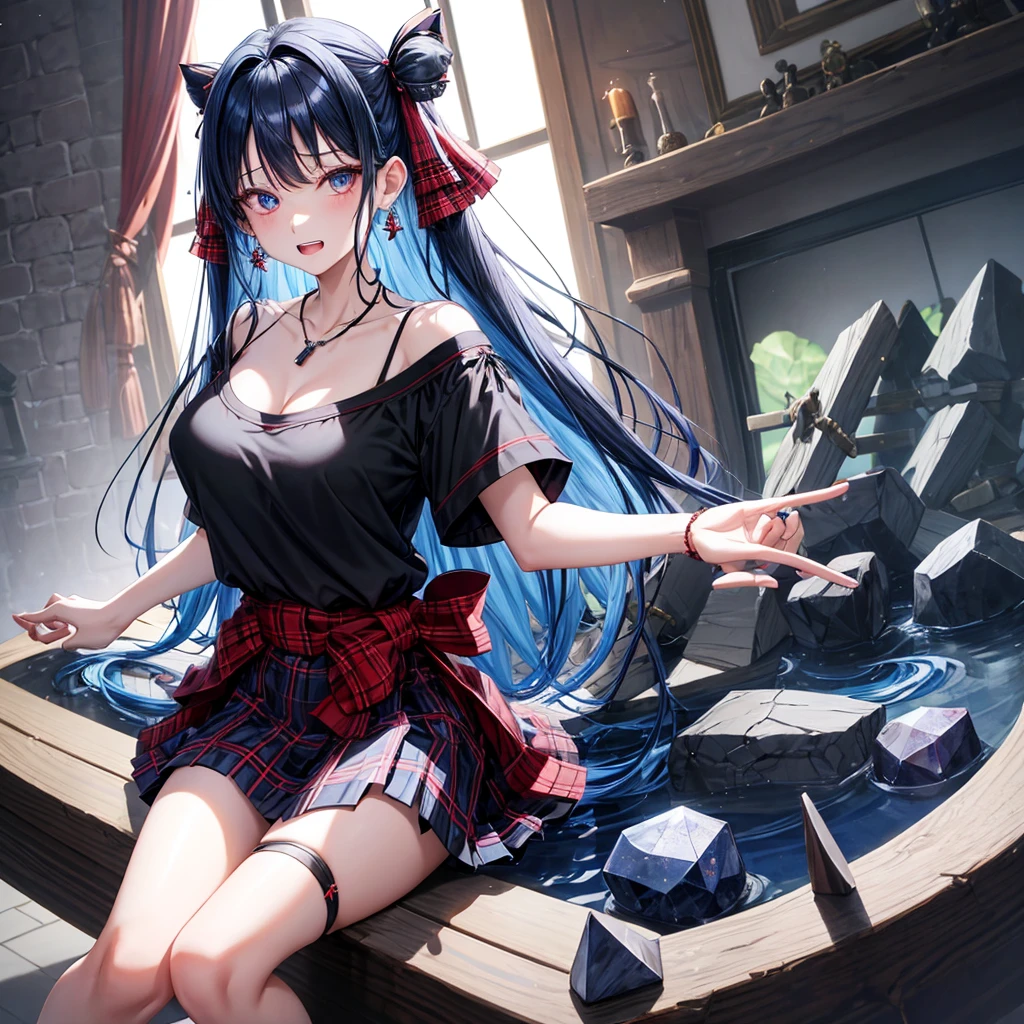 blue hair、red eyes、one good looking girl、solo、anime、plaid mini skirt、black camisole、black t-shirt、robe、wearing a ribbon、ribbon at waist、stones are piled up、crystal earrings、jewelry necklace、Light and shadow、tilting one&#39;s face、teeth are visible、pillar、skylight、fireplace