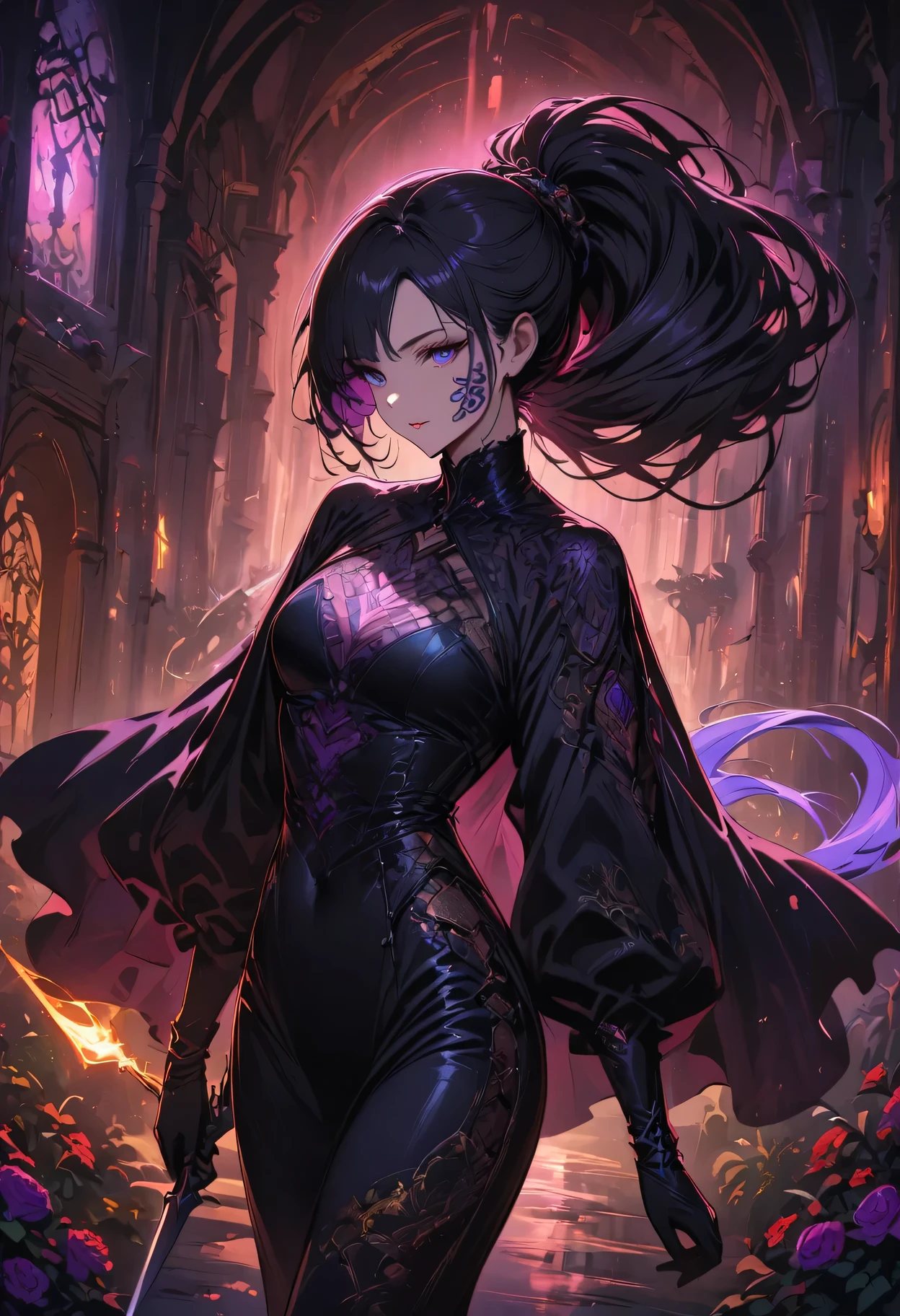 a detailed portrait of a female assassin in a dark fantasy setting, with long flowing hair in shades of black and purple, Tattood on the face, piercing blue eyes that emanate a sense of danger [detailed eyes, piercing blue:1.1], wearing a sleek black leather outfit [black leather outfit], adorned with intricate tattoos all over her body [intricate tattoos:1.1], including dragon scales on her arms [dragon scale tattoos] and an elaborate skull design on her back [skull tattoo:1.1]. She stands in a dimly lit underground chamber [dimly lit underground chamber], holding two curved daggers [curved daggers], The scene is illuminated with flickering torches [flickering torches], casting shadows and enhancing the suspenseful atmosphere. The color palette is predominantly dark and moody, with hints of red and purple accents [dark and moody color palette, red and purple accents], creating a sense of mystery and danger. The lighting emphasizes the sharp edges and intricate details of the assassin's attire and tattoos, adding depth and texture to the overall composition [emphasis on sharp edges, intricate details]. The image is of the highest quality, with extreme attention to detail [best quality, extreme attention to detail:1.2], showcasing the artist's technical expertise and mastery of light and shadow. The art style is realistic yet with a touch of fantasy, capturing the essence of the dark and intriguing world of Dungeons & Dragons [realistic art style with a touch of fantasy].