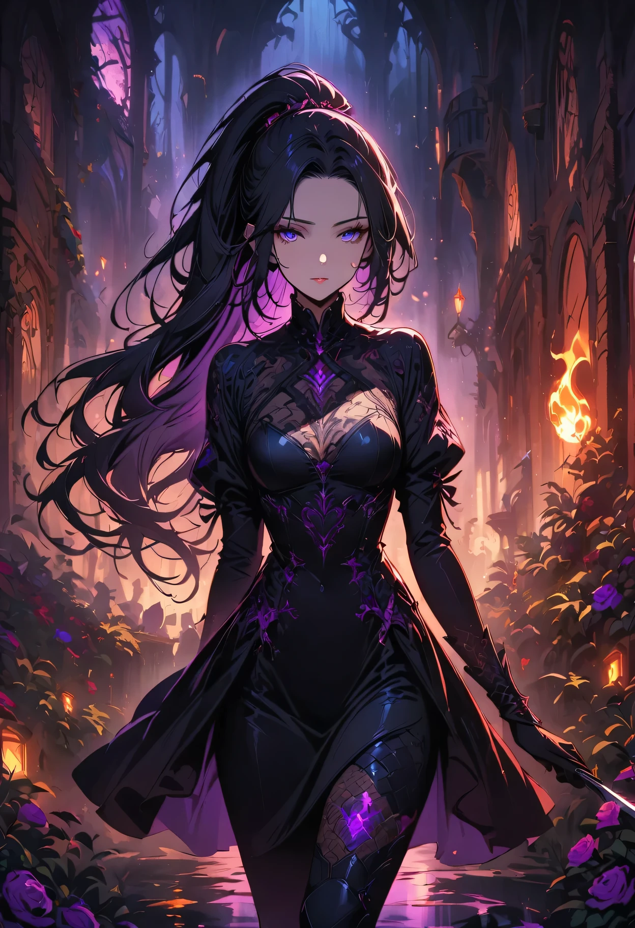 a detailed portrait of a female assassin in a dark fantasy setting, with long flowing hair in shades of black and purple, Tattood on the face, piercing blue eyes that emanate a sense of danger [detailed eyes, piercing blue:1.1], wearing a sleek black leather outfit [black leather outfit], adorned with intricate tattoos all over her body [intricate tattoos:1.1], including dragon scales on her arms [dragon scale tattoos] and an elaborate skull design on her back [skull tattoo:1.1]. She stands in a dimly lit underground chamber [dimly lit underground chamber], holding two curved daggers [curved daggers], The scene is illuminated with flickering torches [flickering torches], casting shadows and enhancing the suspenseful atmosphere. The color palette is predominantly dark and moody, with hints of red and purple accents [dark and moody color palette, red and purple accents], creating a sense of mystery and danger. The lighting emphasizes the sharp edges and intricate details of the assassin's attire and tattoos, adding depth and texture to the overall composition [emphasis on sharp edges, intricate details]. The image is of the highest quality, with extreme attention to detail [best quality, extreme attention to detail:1.2], showcasing the artist's technical expertise and mastery of light and shadow. The art style is realistic yet with a touch of fantasy, capturing the essence of the dark and intriguing world of Dungeons & Dragons [realistic art style with a touch of fantasy].