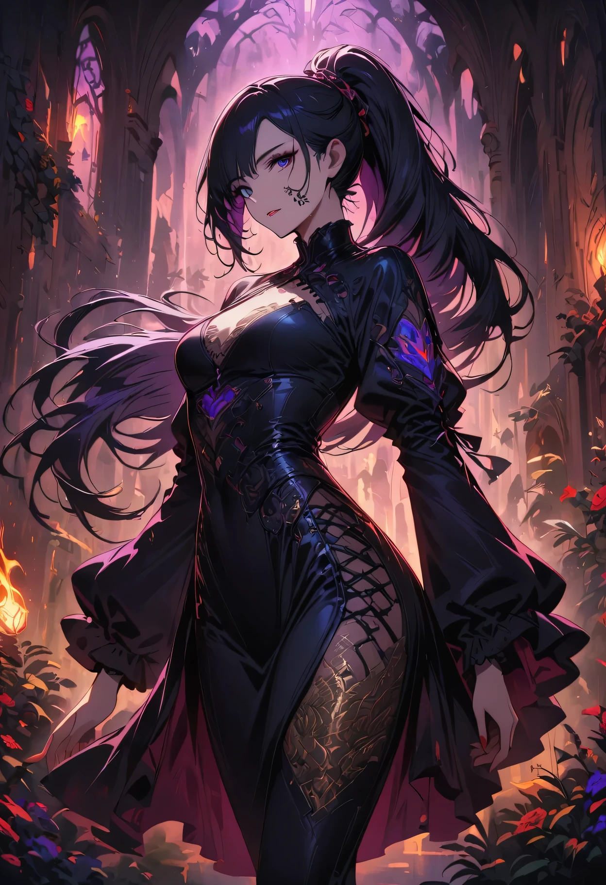 a detailed portrait of a female assassin in a dark fantasy setting, with long flowing hair in shades of black and purple, Tattood on the face, piercing blue eyes that emanate a sense of danger [detailed eyes, piercing blue:1.1], wearing a sleek black leather outfit [black leather outfit], adorned with intricate tattoos all over her body [intricate tattoos:1.1], including dragon scales on her arms [dragon scale tattoos] and an elaborate skull design on her back [skull tattoo:1.1]. She stands in a dimly lit underground chamber [dimly lit underground chamber], holding two curved daggers [curved daggers], The scene is illuminated with flickering torches [flickering torches], casting shadows and enhancing the suspenseful atmosphere. The color palette is predominantly dark and moody, with hints of red and purple accents [dark and moody color palette, red and purple accents], creating a sense of mystery and danger. The lighting emphasizes the sharp edges and intricate details of the assassin's attire and tattoos, adding depth and texture to the overall composition [emphasis on sharp edges, intricate details]. The image is of the highest quality, with extreme attention to detail [best quality, extreme attention to detail:1.2], showcasing the artist's technical expertise and mastery of light and shadow. The art style is realistic yet with a touch of fantasy, capturing the essence of the dark and intriguing world of Dungeons & Dragons [realistic art style with a touch of fantasy].