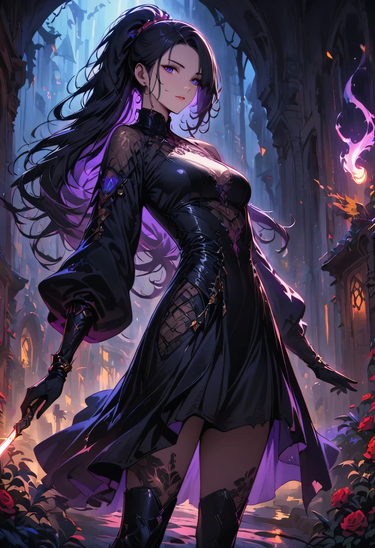 a detailed portrait of a female assassin in a dark fantasy setting, with long flowing hair in shades of black and purple, Tattood on the face, piercing blue eyes that emanate a sense of danger [detailed eyes, piercing blue:1.1], wearing a sleek black leather outfit [black leather outfit], adorned with intricate tattoos all over her body [intricate tattoos:1.1], including dragon scales on her arms [dragon scale tattoos] and an elaborate skull design on her back [skull tattoo:1.1]. She stands in a dimly lit underground chamber [dimly lit underground chamber], holding two curved daggers [curved daggers], The scene is illuminated with flickering torches [flickering torches], casting shadows and enhancing the suspenseful atmosphere. The color palette is predominantly dark and moody, with hints of red and purple accents [dark and moody color palette, red and purple accents], creating a sense of mystery and danger. The lighting emphasizes the sharp edges and intricate details of the assassin's attire and tattoos, adding depth and texture to the overall composition [emphasis on sharp edges, intricate details]. The image is of the highest quality, with extreme attention to detail [best quality, extreme attention to detail:1.2], showcasing the artist's technical expertise and mastery of light and shadow. The art style is realistic yet with a touch of fantasy, capturing the essence of the dark and intriguing world of Dungeons & Dragons [realistic art style with a touch of fantasy].