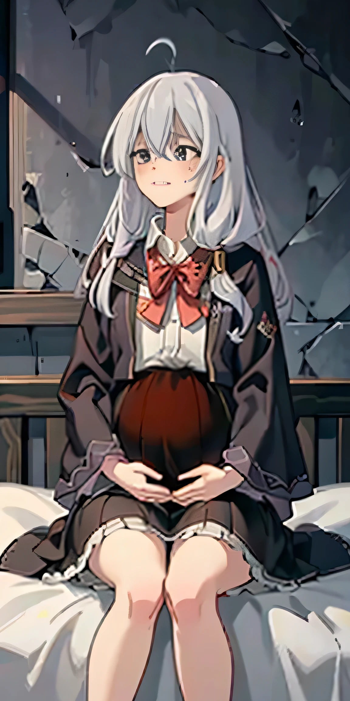 Elaina,anime girl, shy, kiss, lie on a bed,white shirt,black skirt,black cloak, sweating, heavy breath, blushing, pregnant, (best quality:1.2), ultra-detailed,realistic ,portraits, vivid colors, soft lighting, interesting PoV,